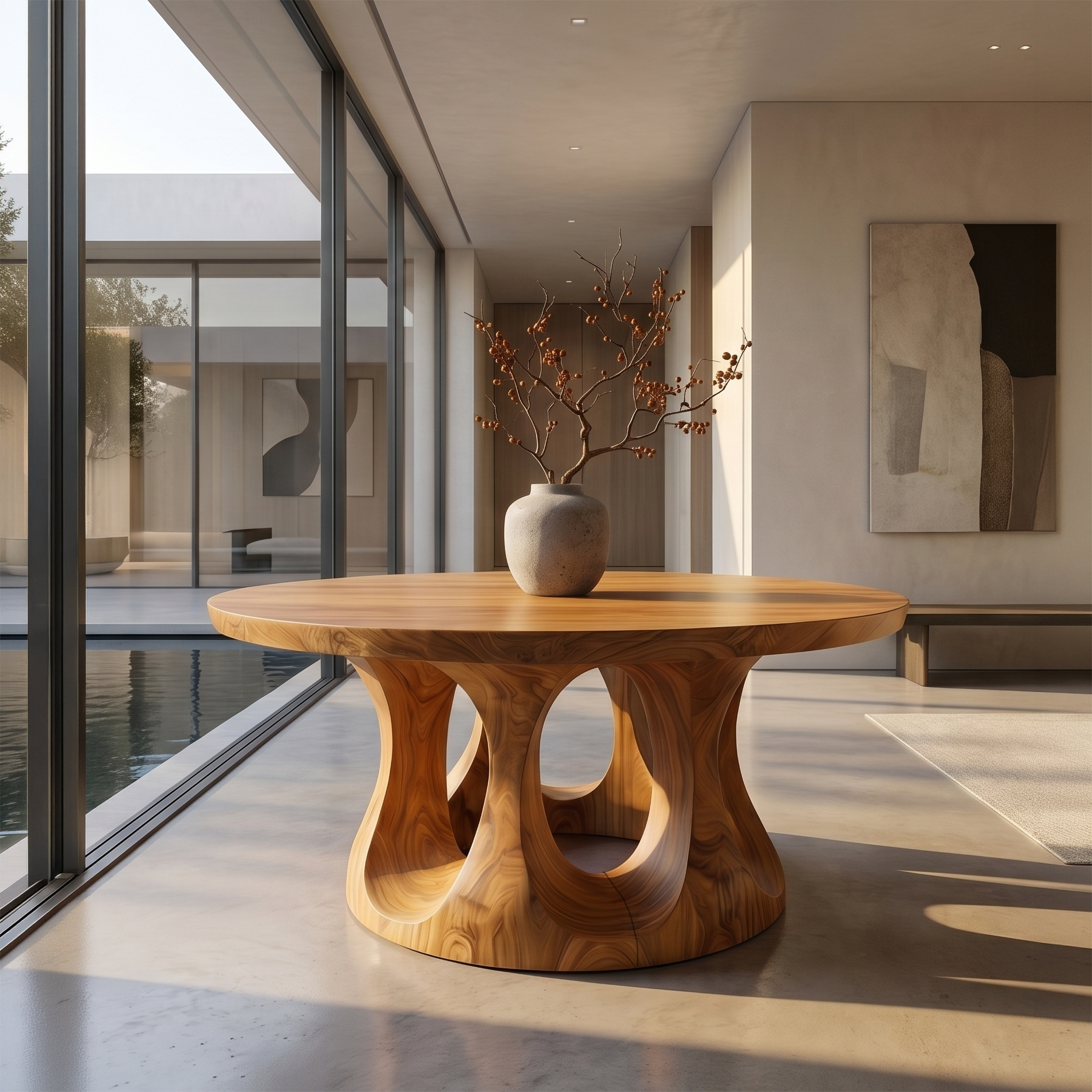 Organic Round Foyer Table With Sculptural Dual Ring Pedestal Base For Entryway And Hallway SINLSAFT045