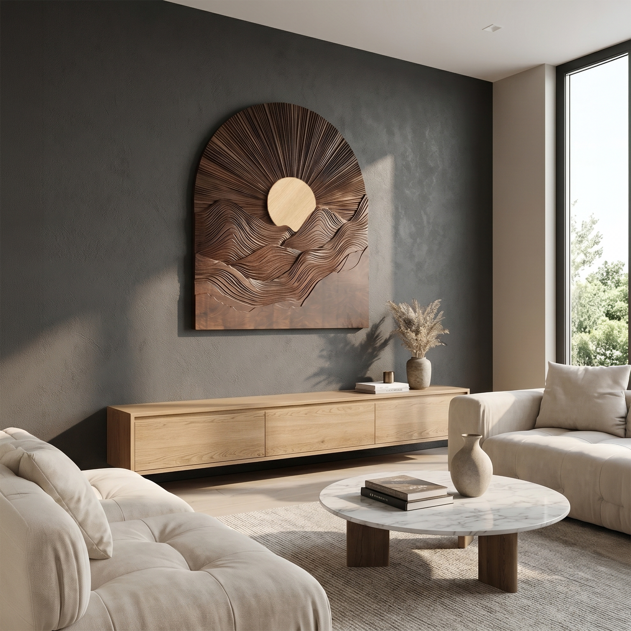 Sunburst Wall Art With Sculptural Round Panel Design For Living Room And Entryway SINLSAWD094