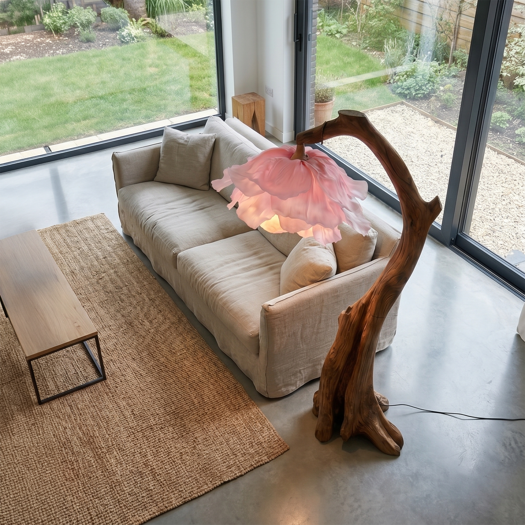 Handmade Flower Floor Lamp With Sculptural Wood Base For Living Room And Bedroom SINLSAFLP079