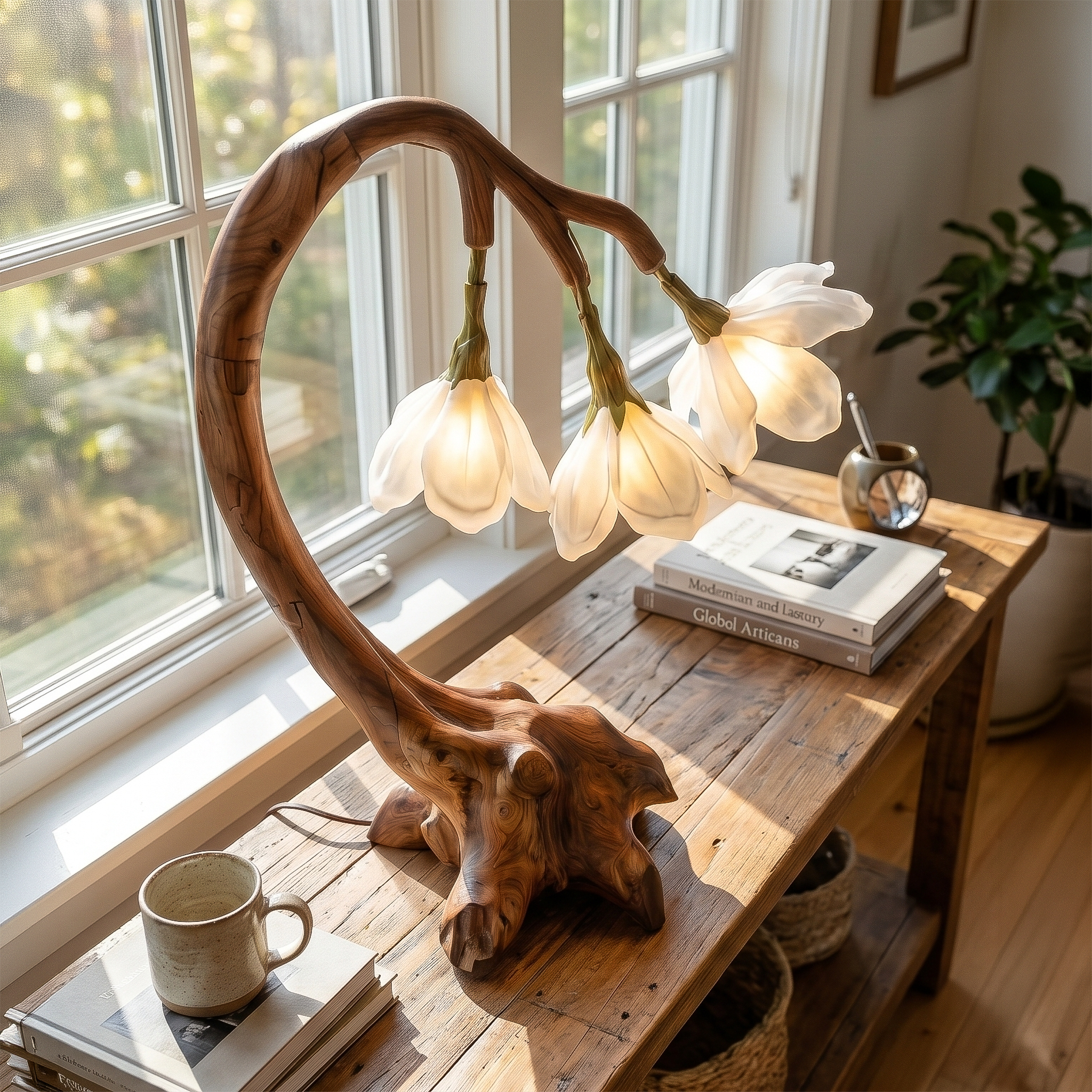 Organic Flower Table Lamp With Sculptural Wood Base For Bedroom And Living Room SINLSATL002