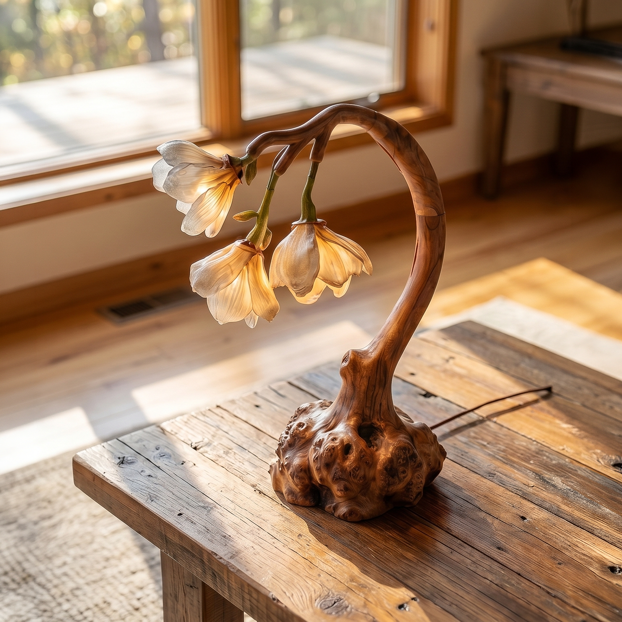 Minimalist Floral Table Lamp With Organic Wood Base For Bedroom And Living Room SINLSATL004