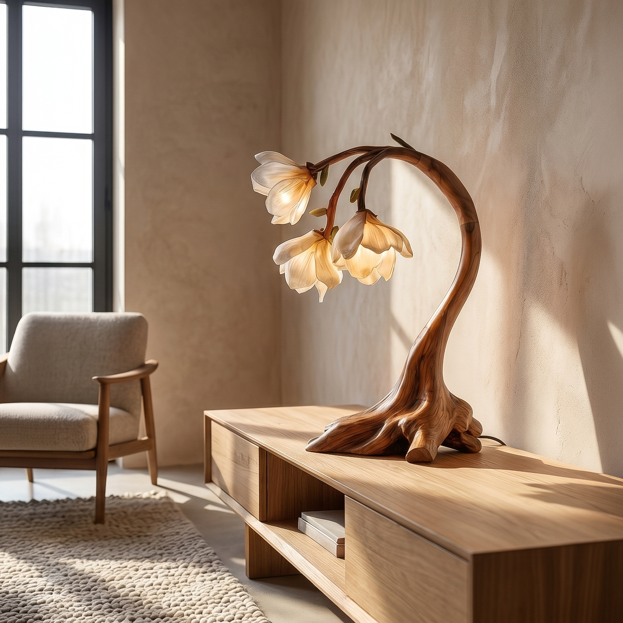 Rustic Floral Table Lamp With Sculptural Driftwood Base For Bedroom And Living Room SINLSATL006
