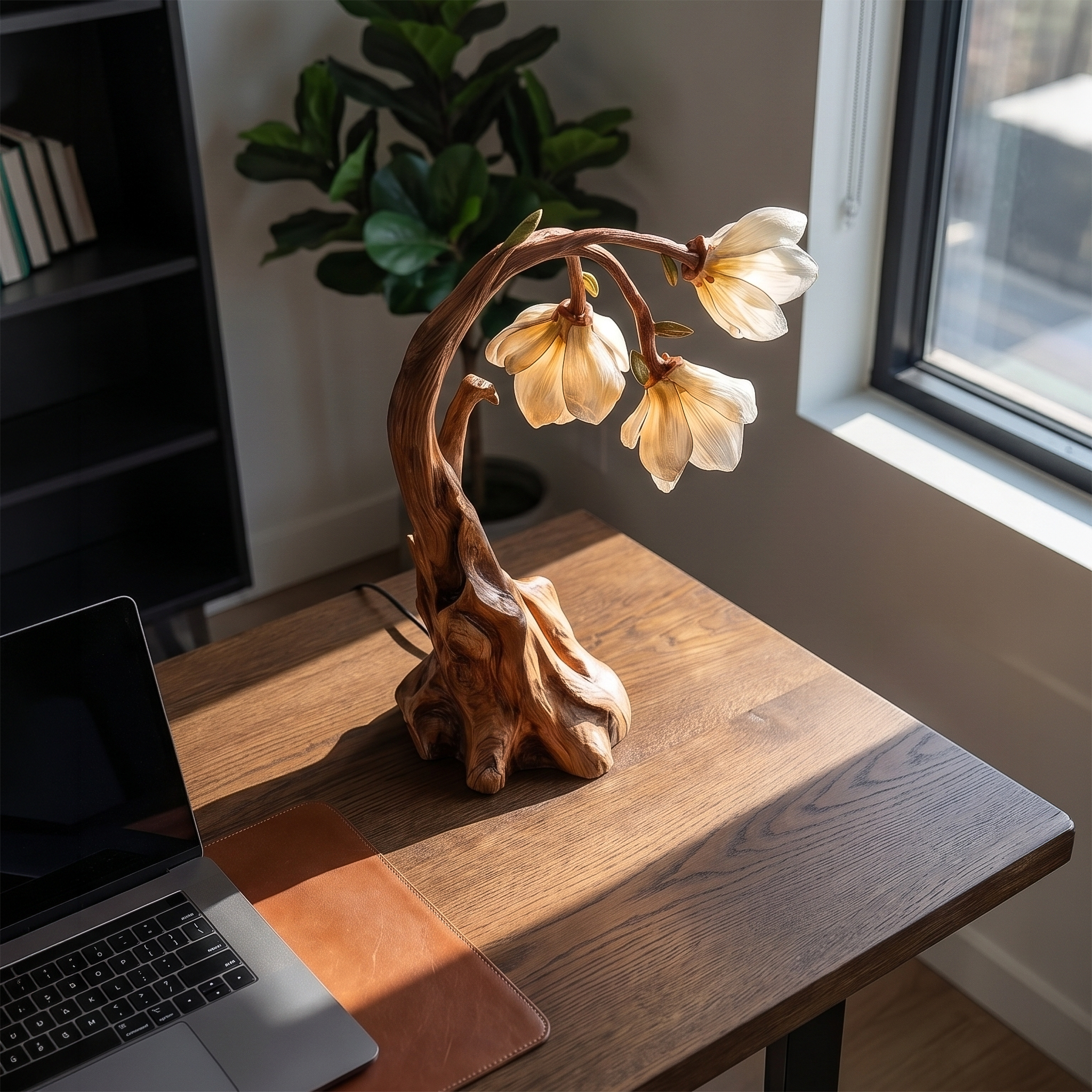 Contemporary Floral Table Lamp With Sculptural Solid Wood Base For Bedroom And Living Room SINLSATL007