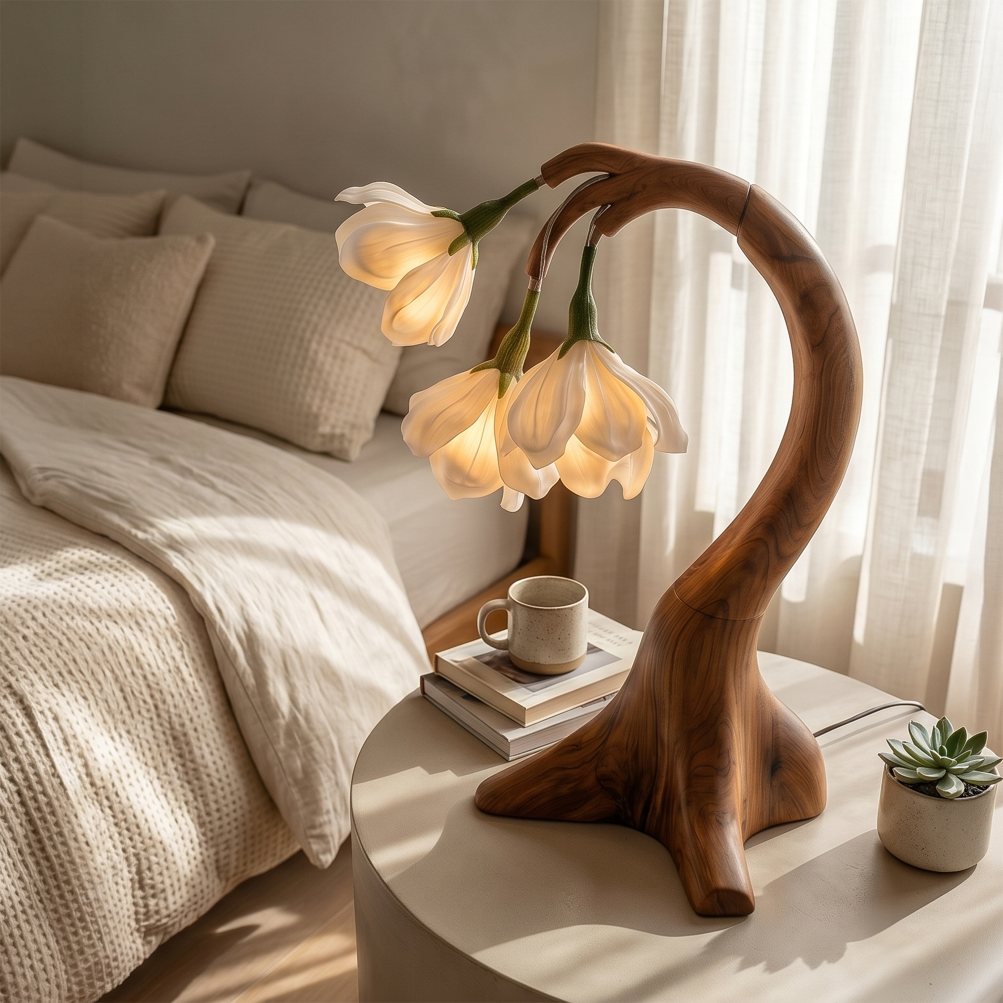 Modern Floral Table Lamp With Sculptural Curved Wood Base For Bedroom And Living Room SINLSATL008