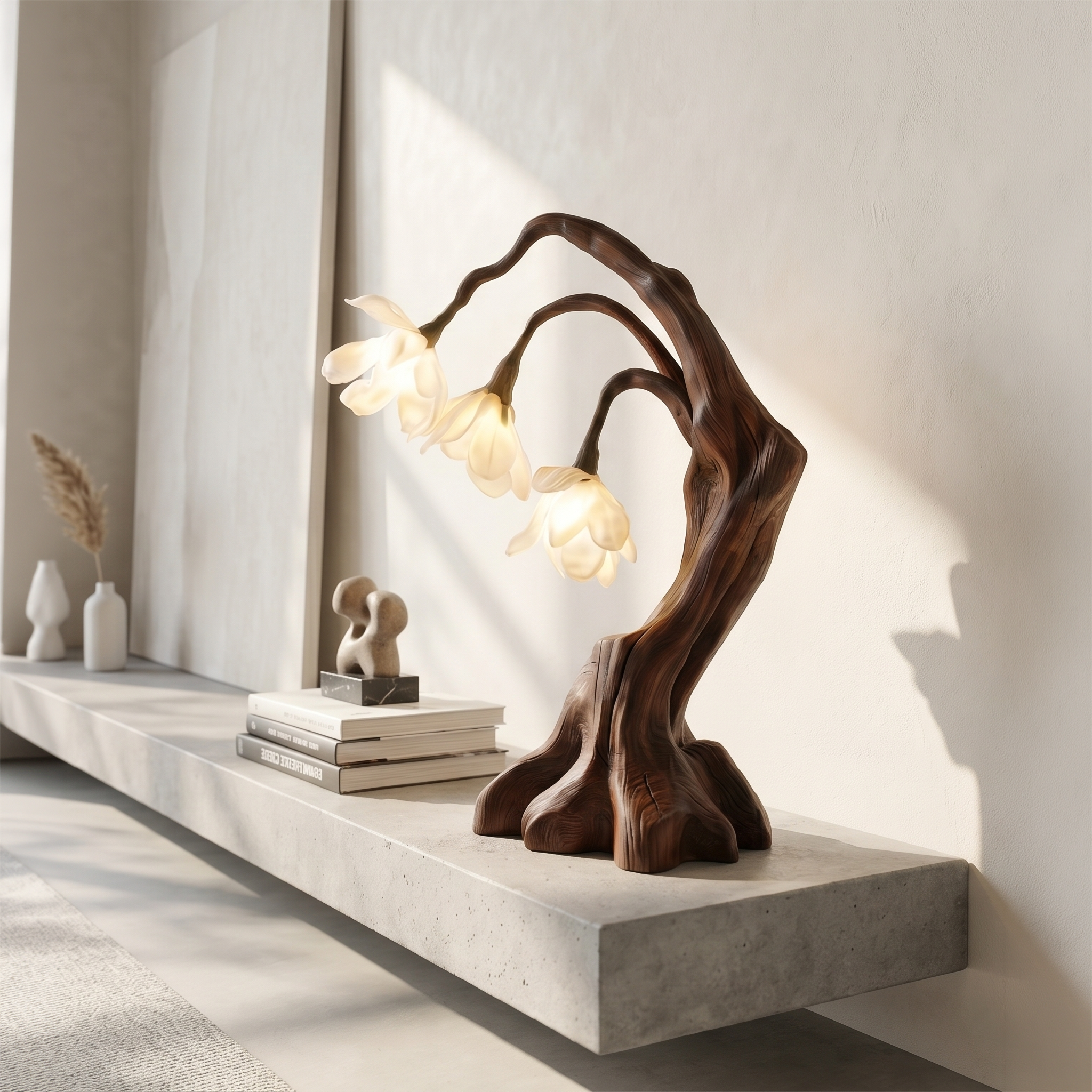 Modern Floral Table Lamp With Sculptural Driftwood Base For Bedroom And Living Room SINLSATL009