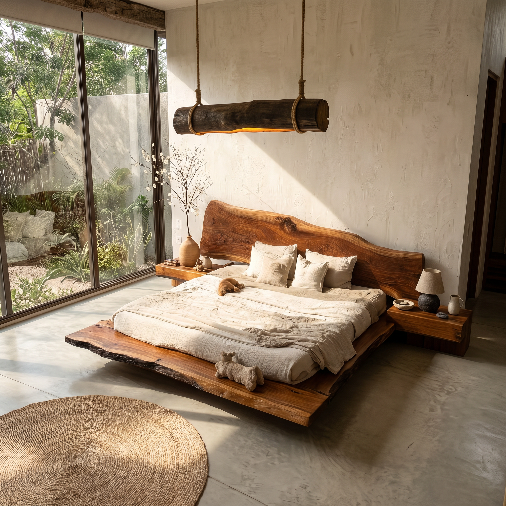Rustic Bed Frame With Natural Wood Headboard For Bedroom SINLSAWB128