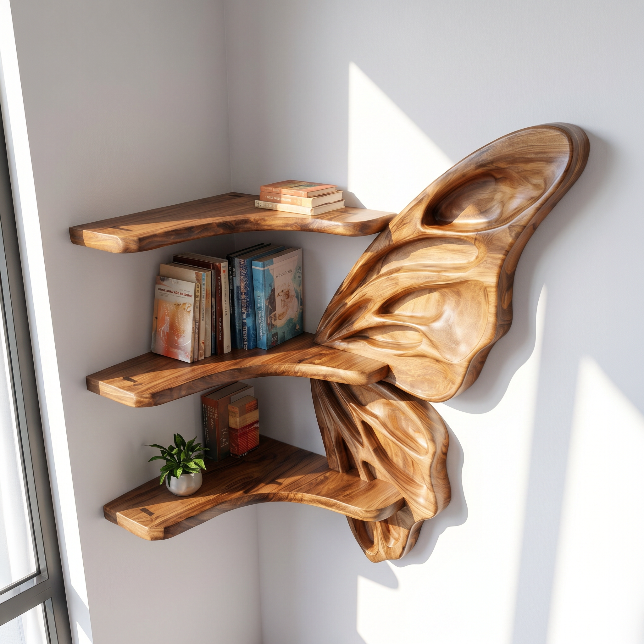 Rustic Butterfly Floating Shelf With Natural Live Edge Wood Design For Living Room SINLSAFL543