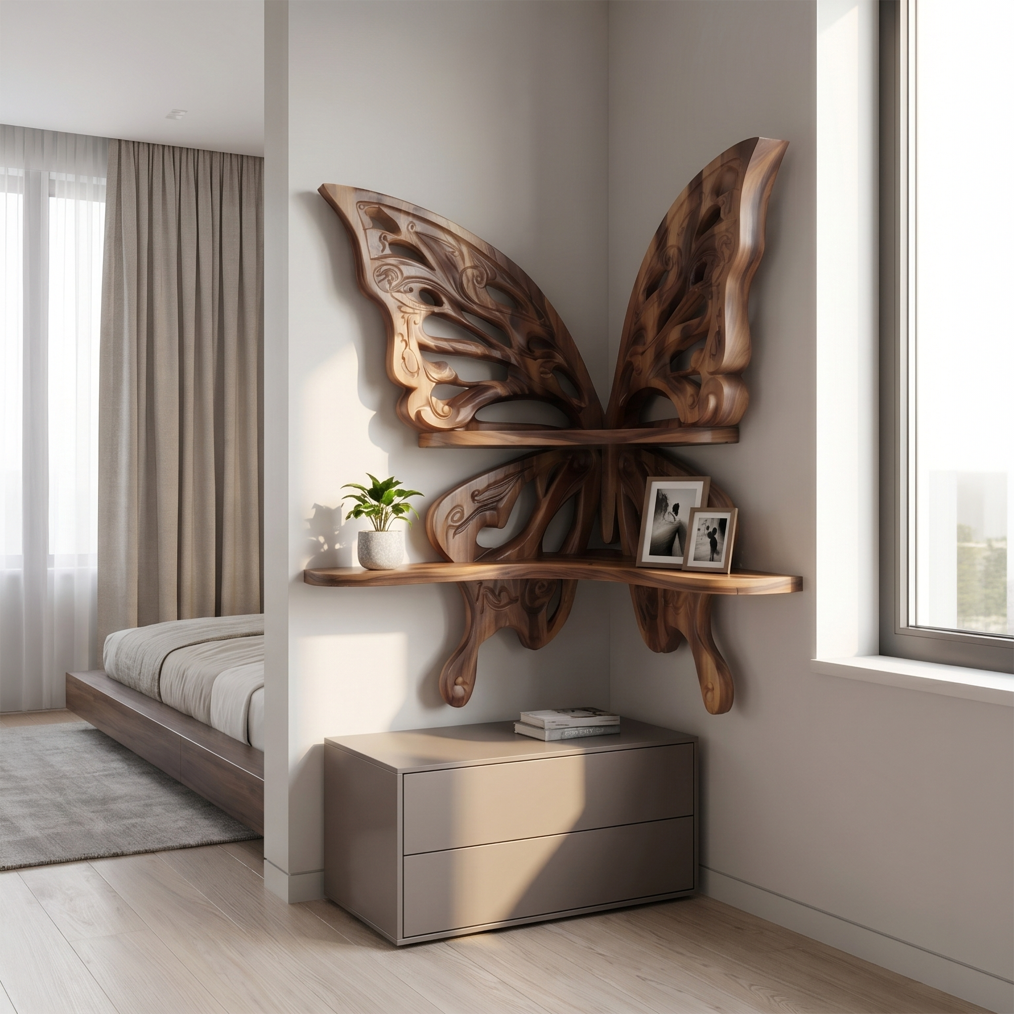 Butterfly Inspired Floating Shelf With Sculptural Live Edge Wood Design For Living Room SINLSAFL545
