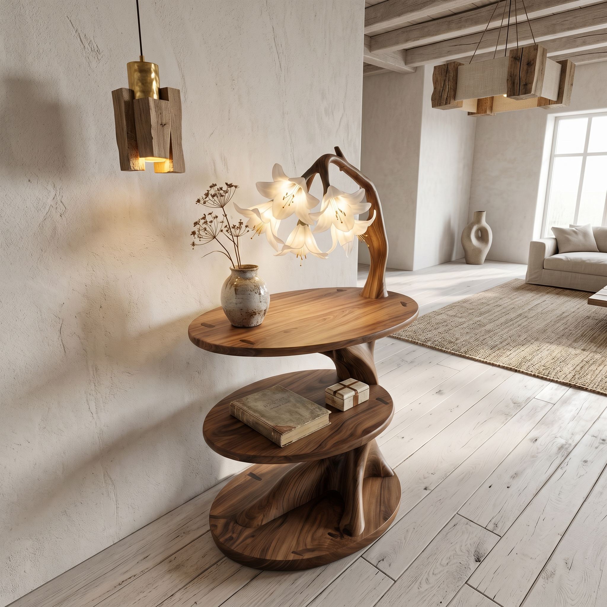 Rustic Side Table With Flower Shade Lamp For Bedroom And Living Room SINLSABT272