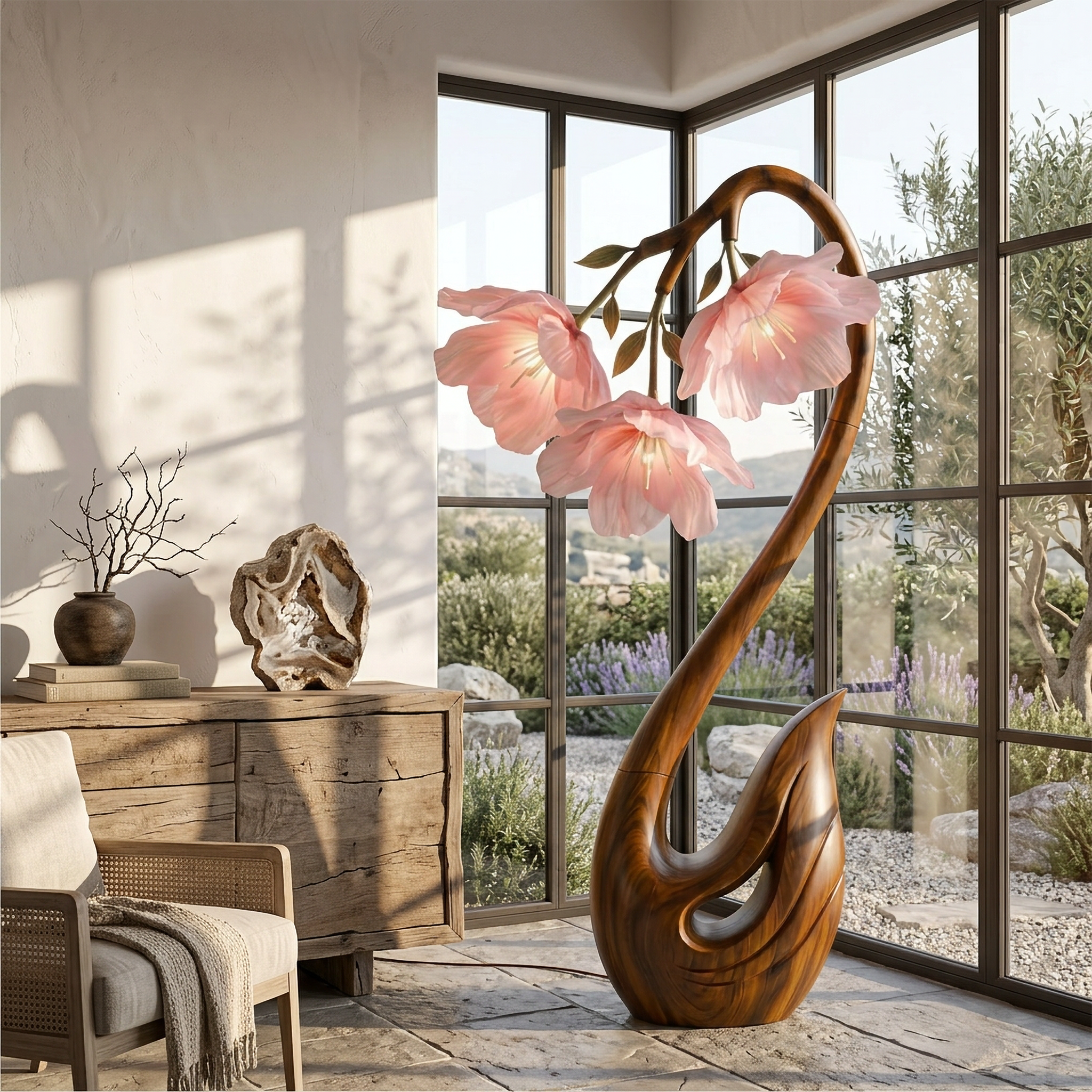 Sculptural Flower Floor Lamp Organic Wood Design For Living Room SINLSAFLP109