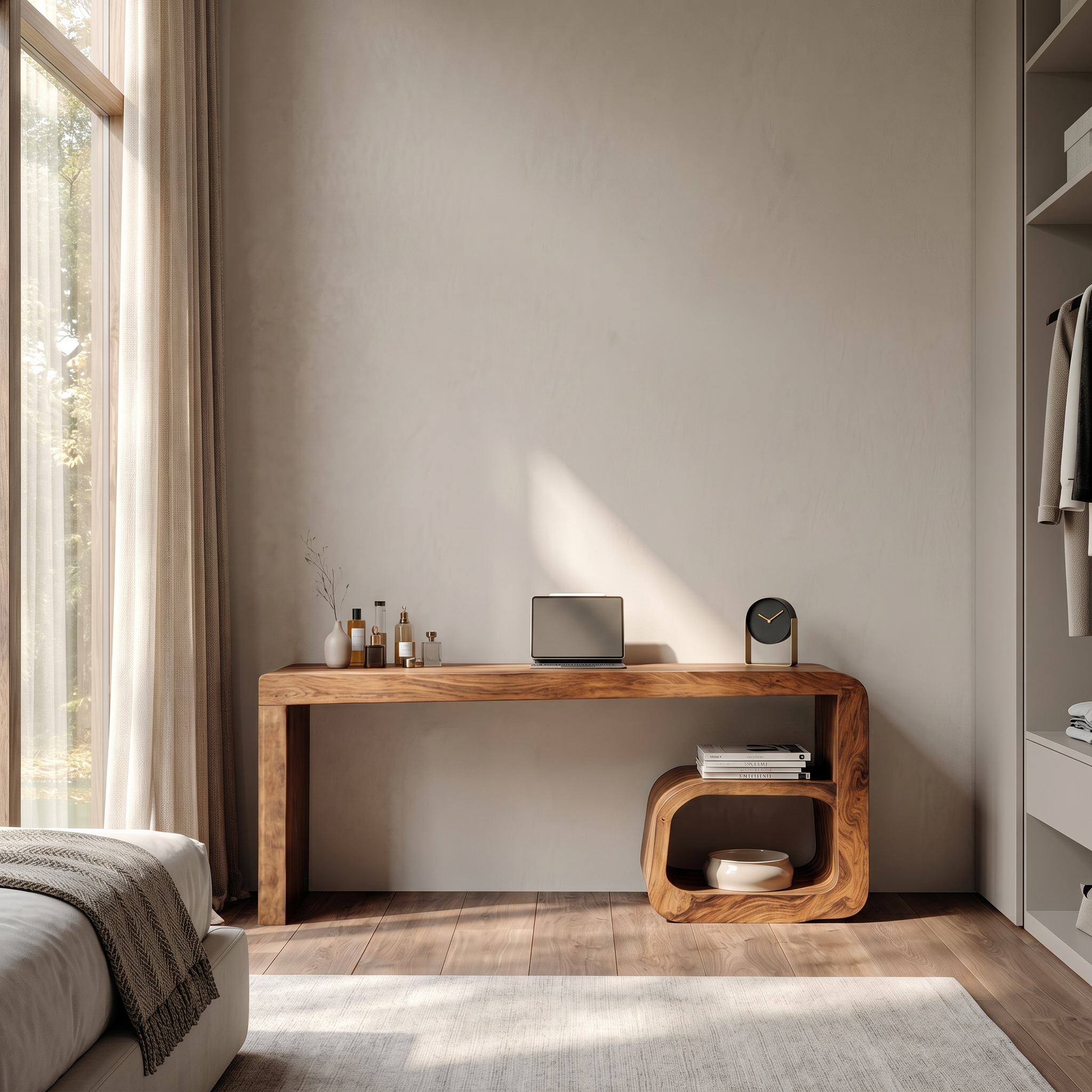 Sculptural Dressing Table With Curved Wood Silhouette For Bedroom Decor SINLSABDT093