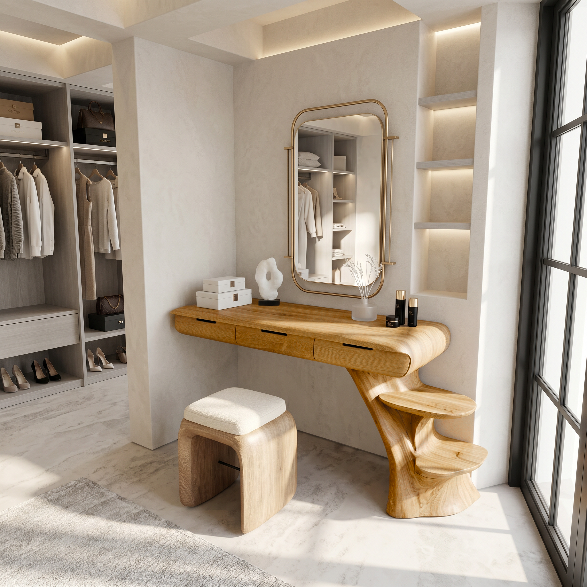 Sculptural Dressing Table With Open Storage Shelves For Bedroom SINLSABDT086