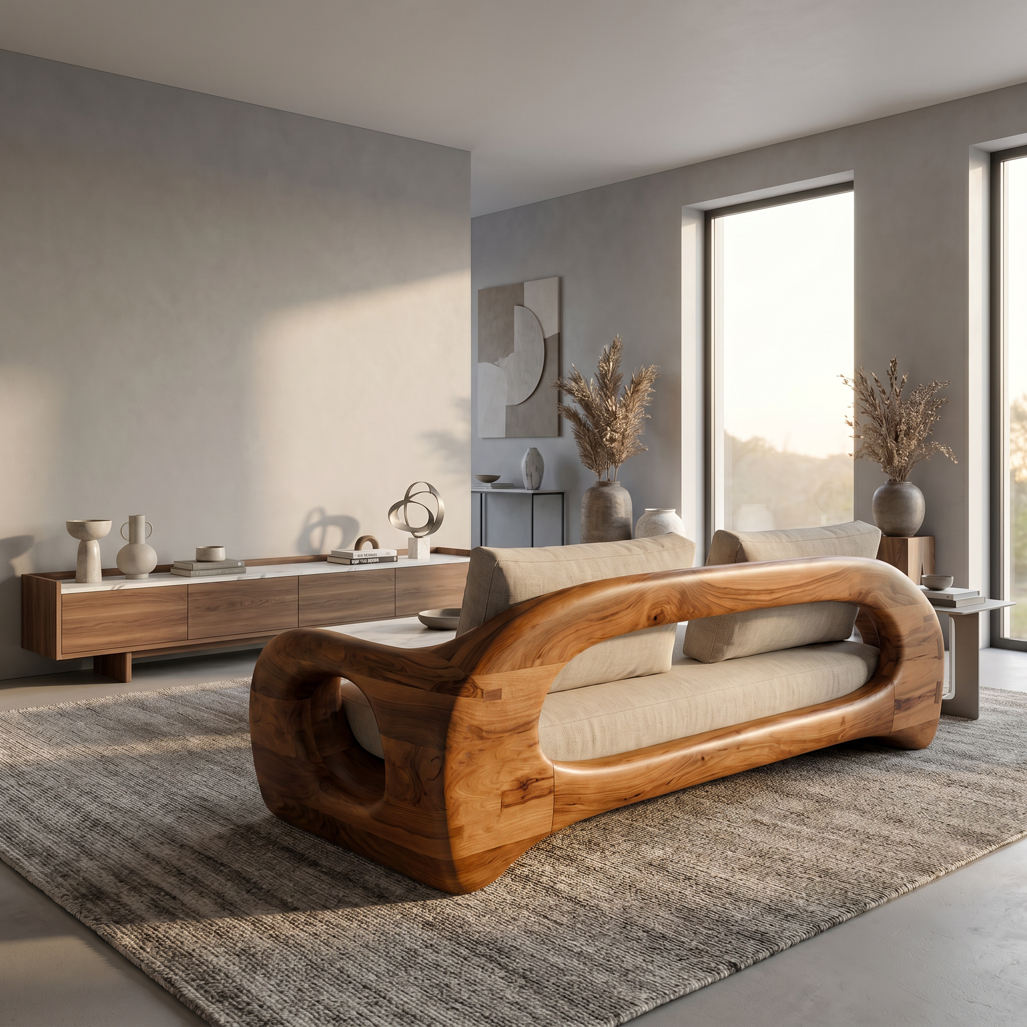 Organic Sofa Frame With Sculptural Circular Armrests For Living Room SINLSASF030