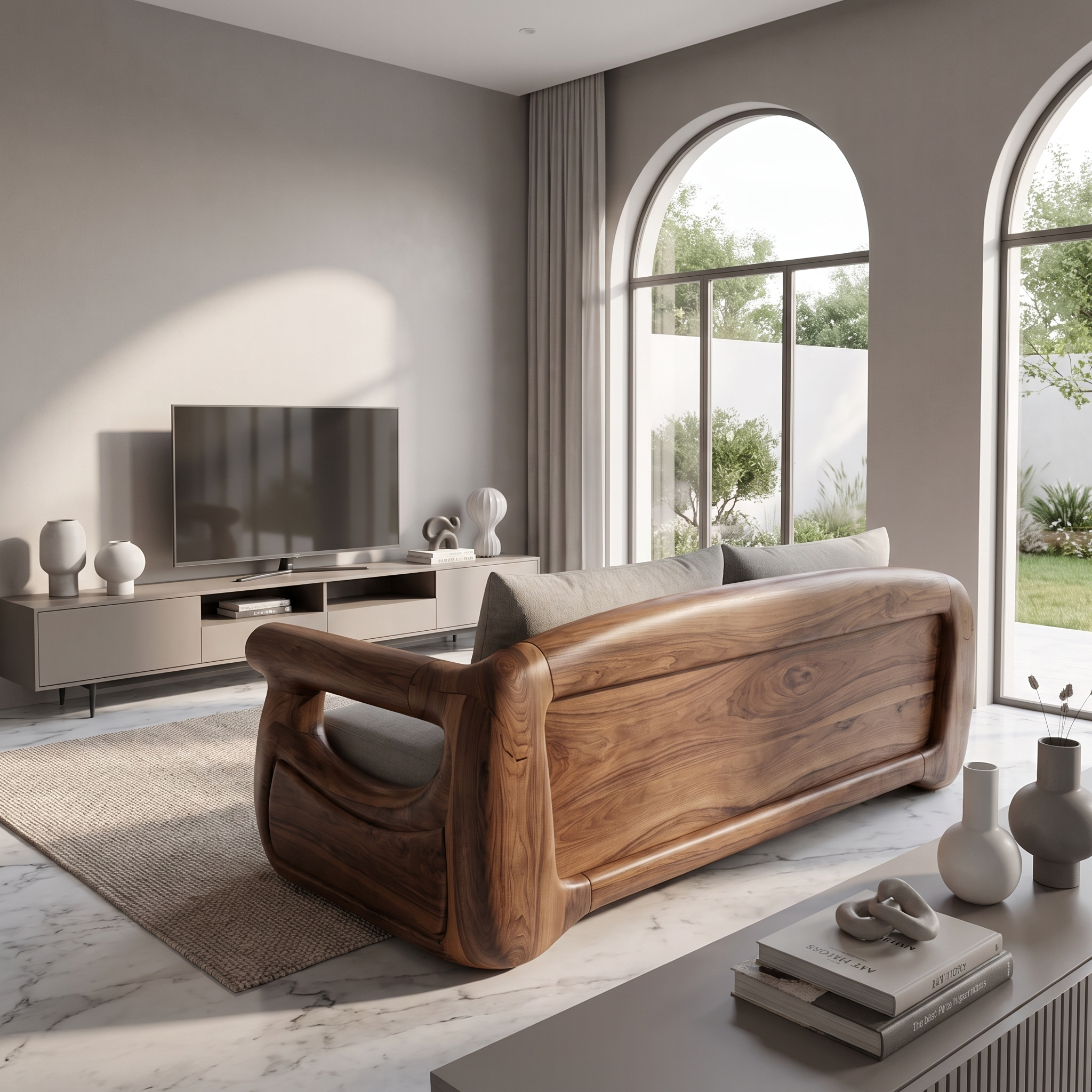 Modern Sofa With Sculptural Perforated Wood Frame For Living Room SINLSASF041