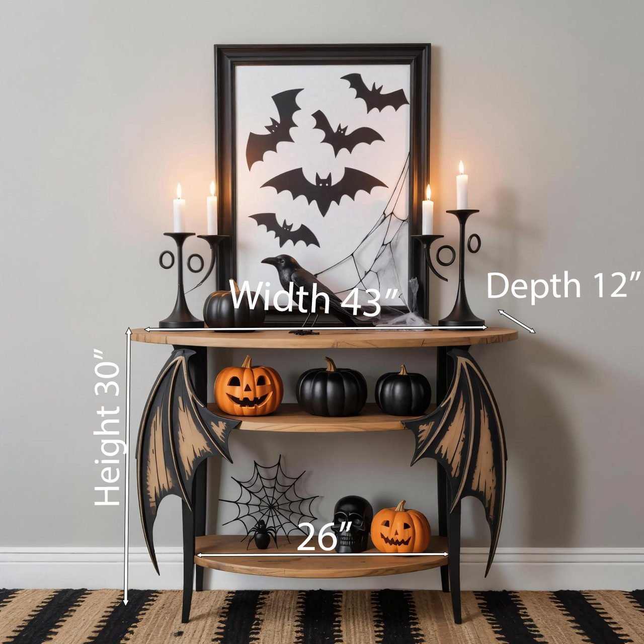 Halloween Wooden Console Table With Bat Wing Legs And Shelves For Entryway Decoration SITHHNHW002