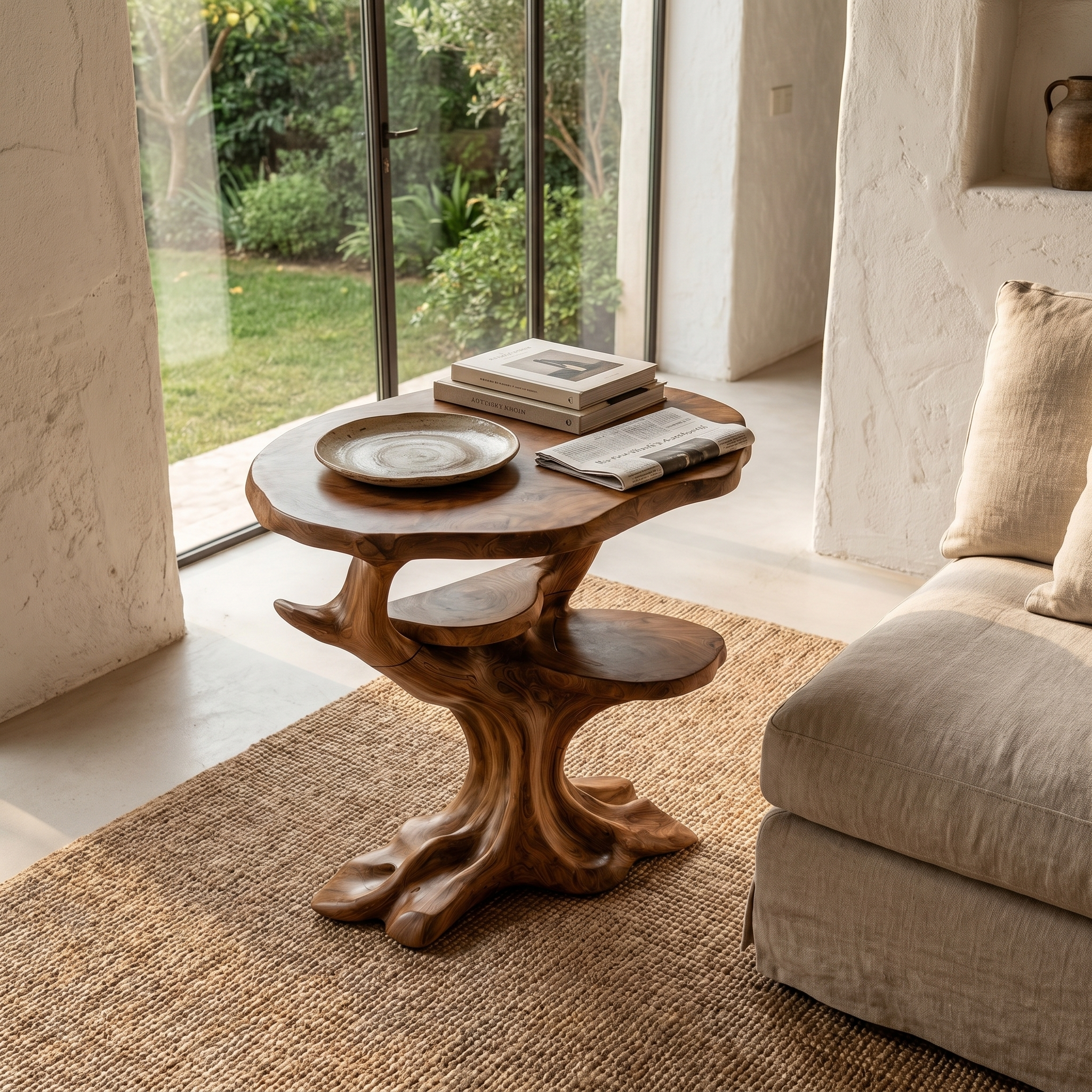 Organic Sculptural Side Table With Solid Wood Display Shelves For Living Room And Bedroom SINLHABT257
