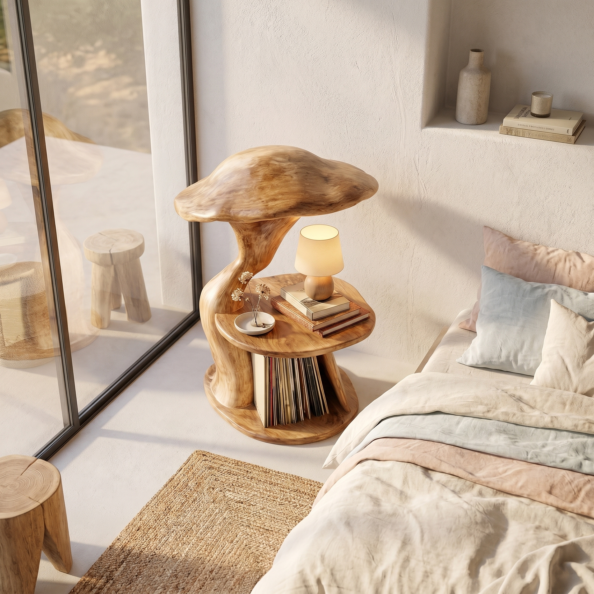 Organic Mushroom Nightstand With Sculptural Solid Wood Design And Vinyl Storage For Bedroom SINLHABT259