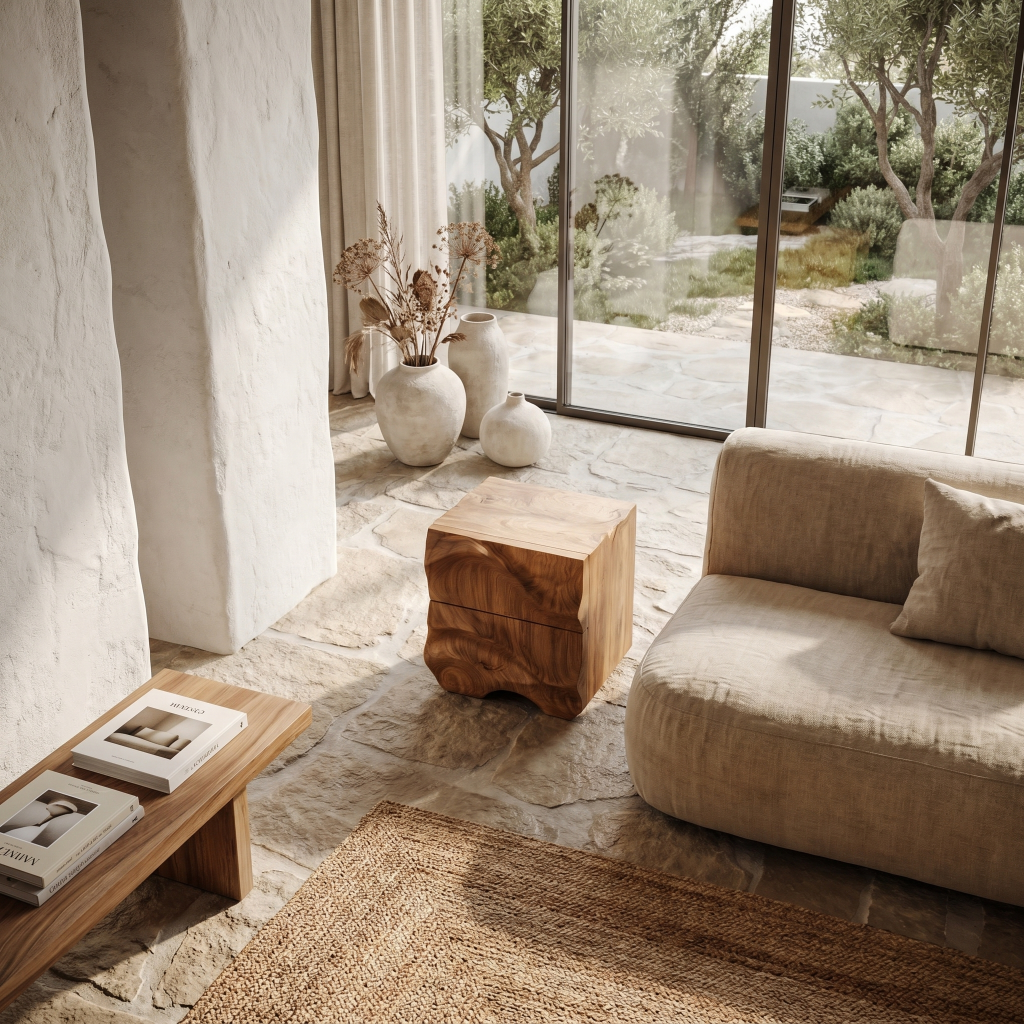 Rustic Sculptural Side Table With Hand Carved Solid Wood Base For Living Room And Bedroom SINLHABT253
