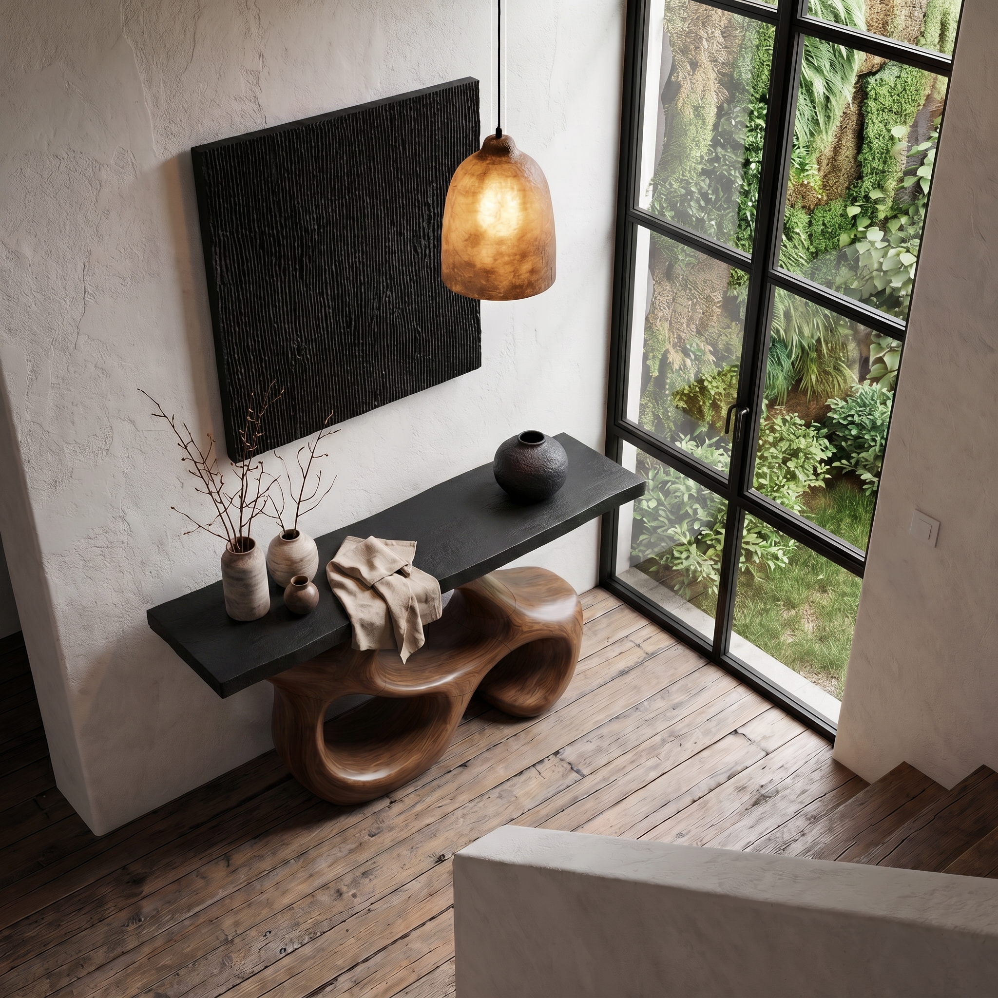 Artistic Sculptural Console Table With Abstract Hollow Wood Base For Living Room SINLHACS579