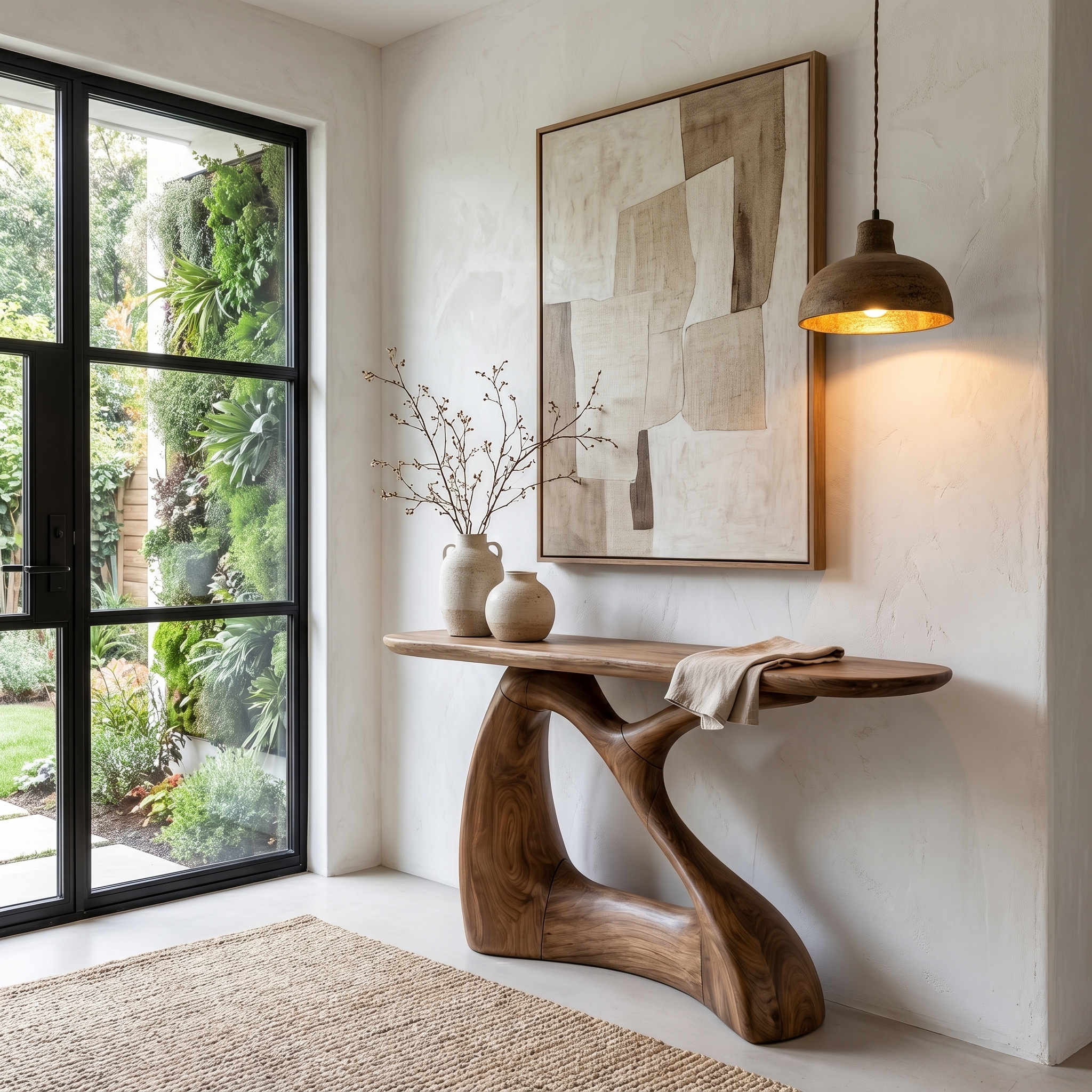 Sculptural Console Table With Twisted Wooden Base For Entryway SINLHACS581