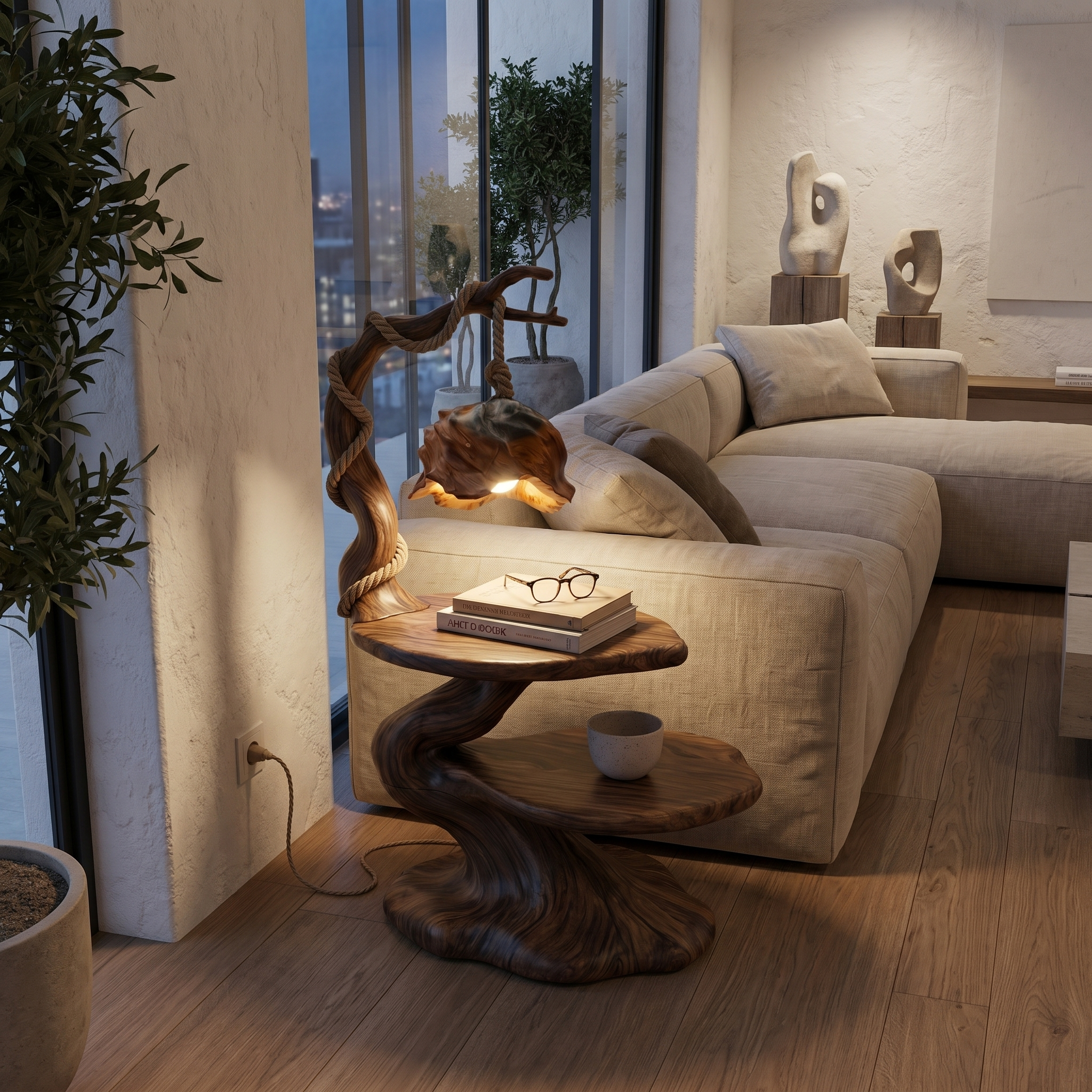 Rustic Beside Table With Tree Root Design And Hanging Lamp For Bedroom SINLHABT264