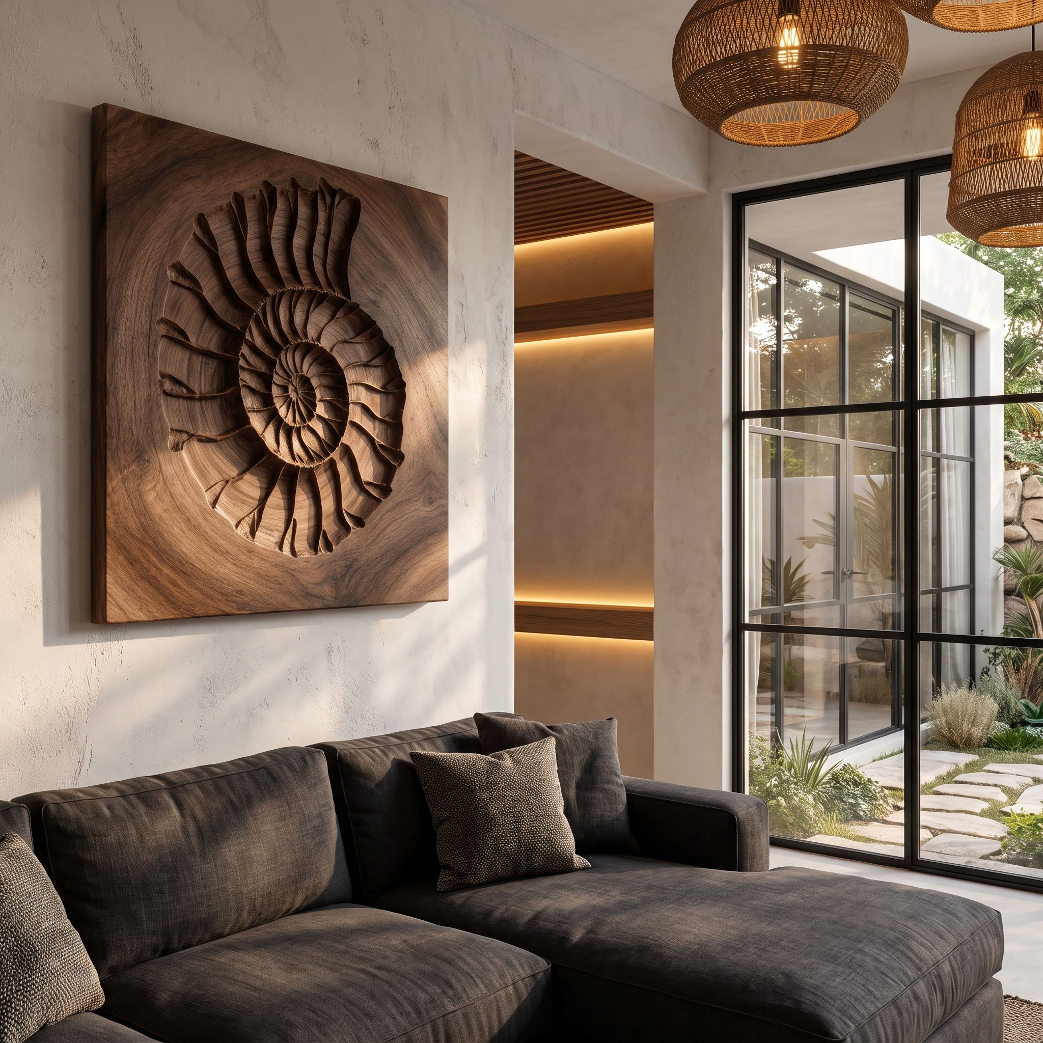 Rustic Ammonite Fossil Wooden Wall Decor For Living Room SINLHAWA136