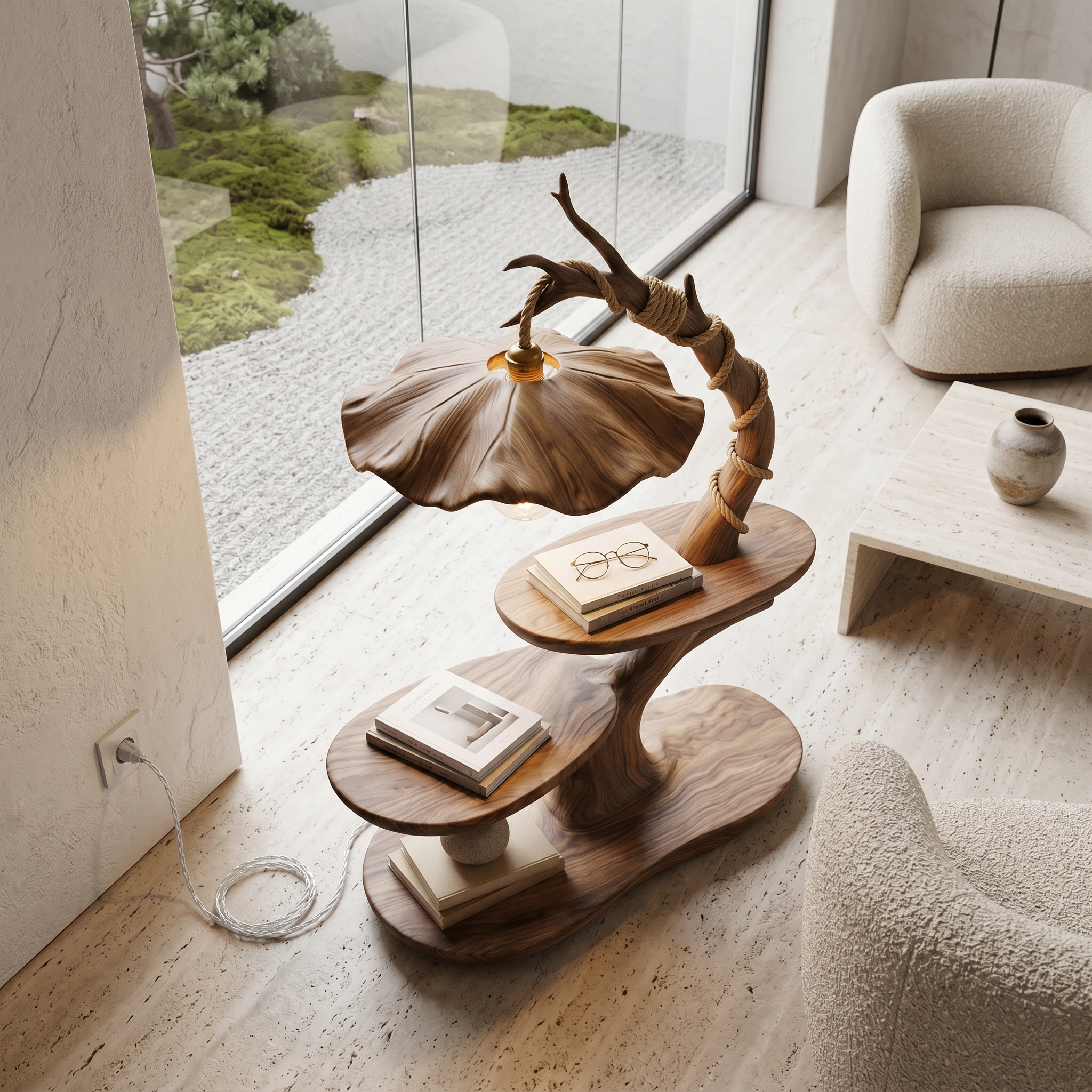 Sculptural Beside Table With Tree Branch Lamp And Open Storage Shelves For Bedroom SINLHABT265