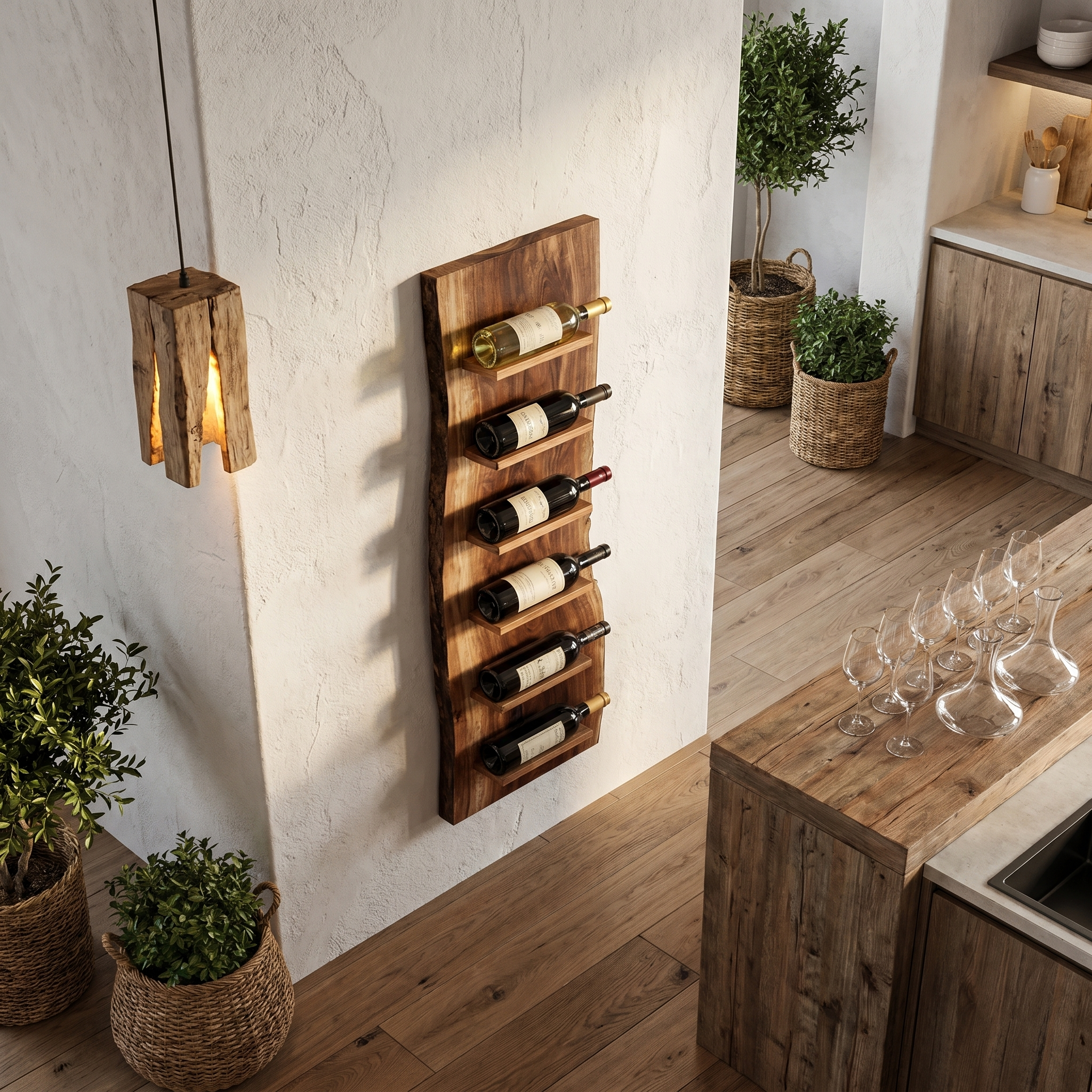 Organic Wall Mounted Wine Rack With Natural Wood Design For Kitchen SINLHAWR026