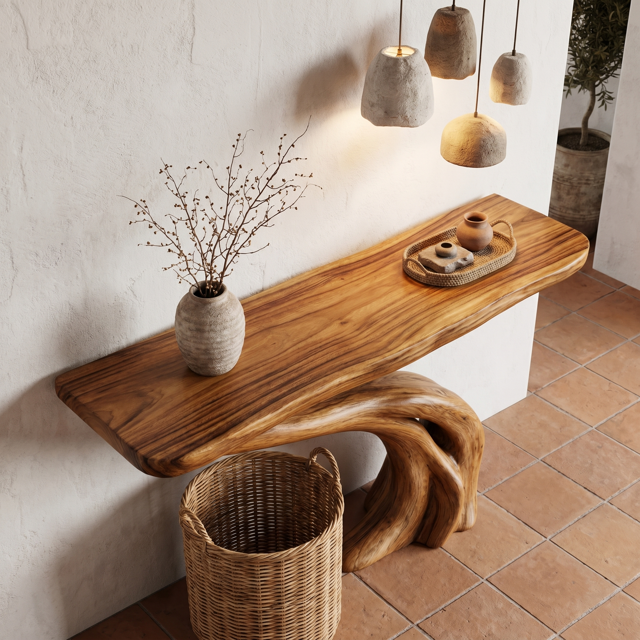 Organic Curved Console Table With Soft Flowing Wood Base For Entryway And Living Room SINLHACS589
