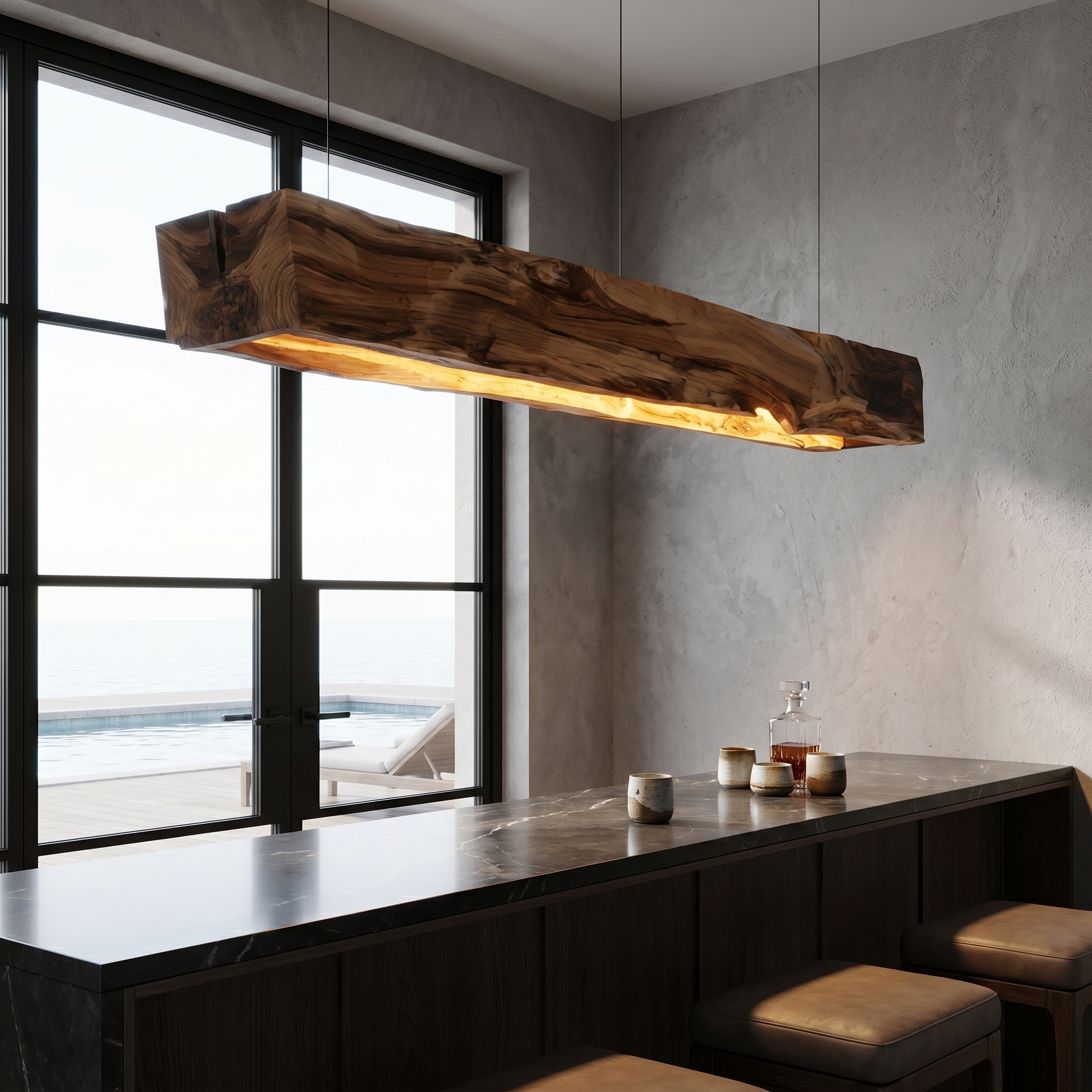 Organic Modern Pendant Light With Sculptural Wood Beam For Living Room And Kitchen SINLHAPL013