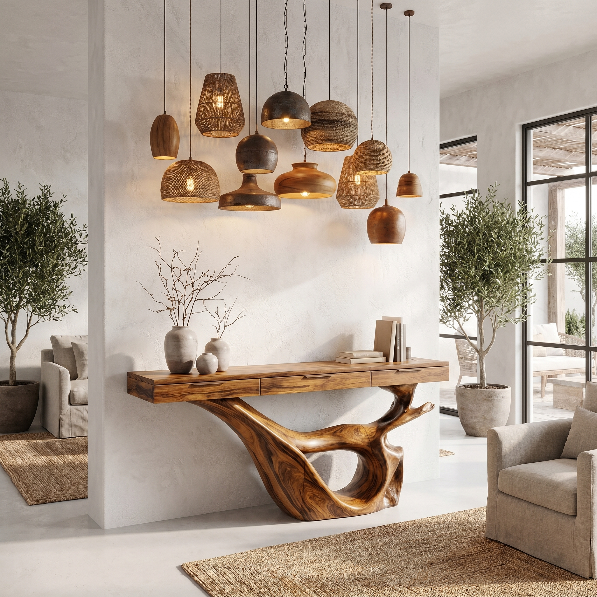 Minimal Console Table With Sculptural Curved Loop Wood Base And Solid Wood Top For Entryway And Living Room SINLHACS592