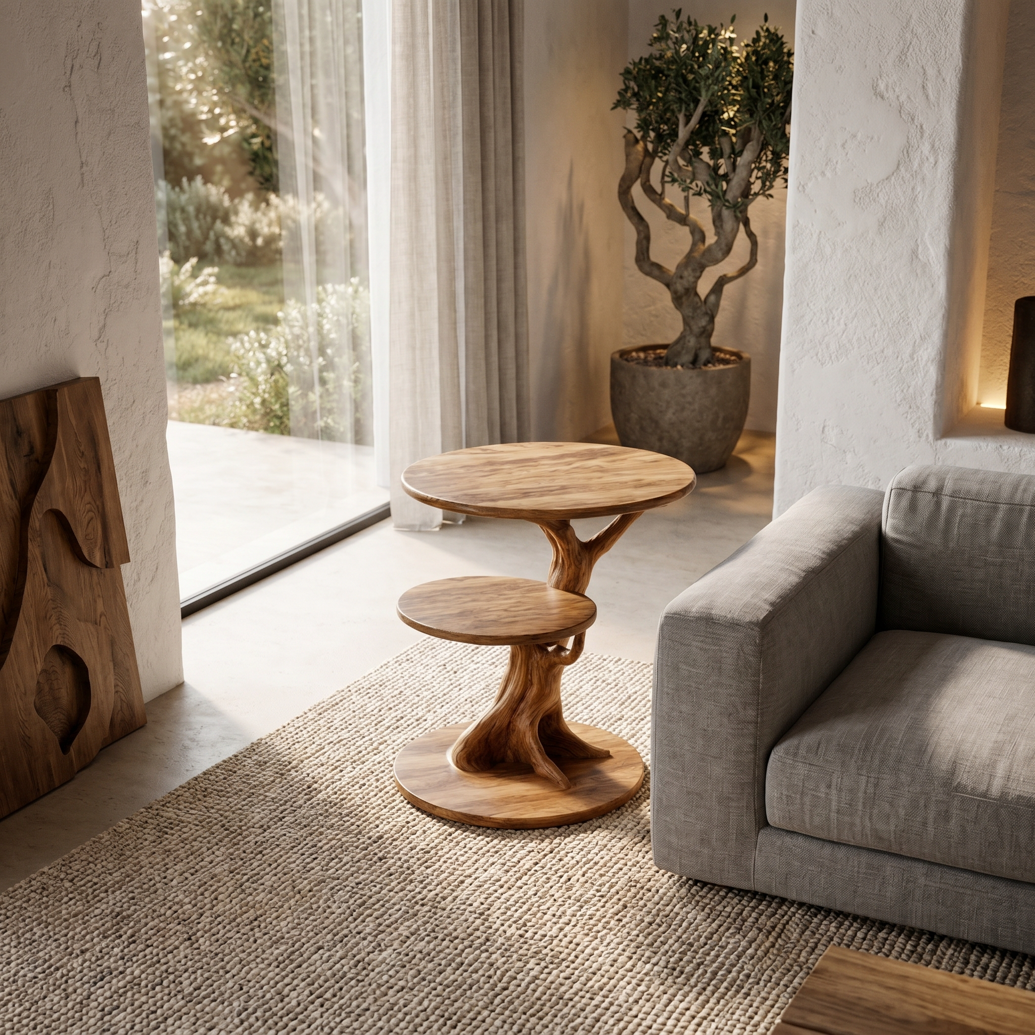 Organic Sculptural Side Table With Twisted Solid Wood Pedestal Base For Living Room SINLHABT252