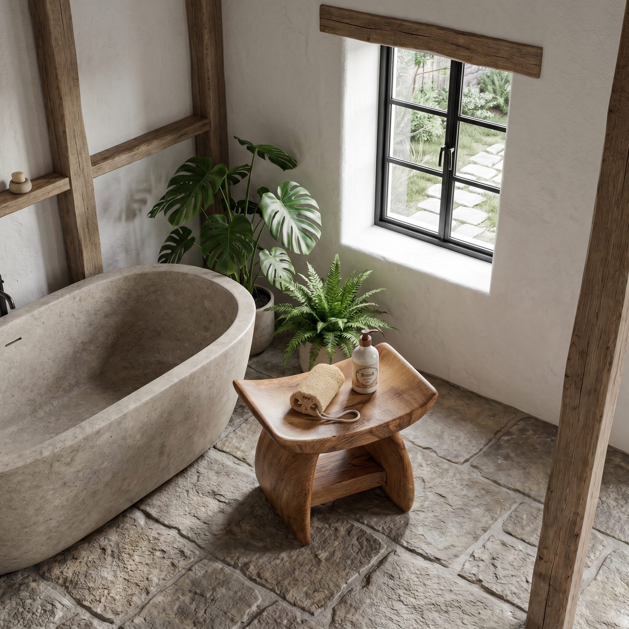 Nature Inspired Bathroom Stool With Sculptural Wood Design For Bathroom SINLHAWS014