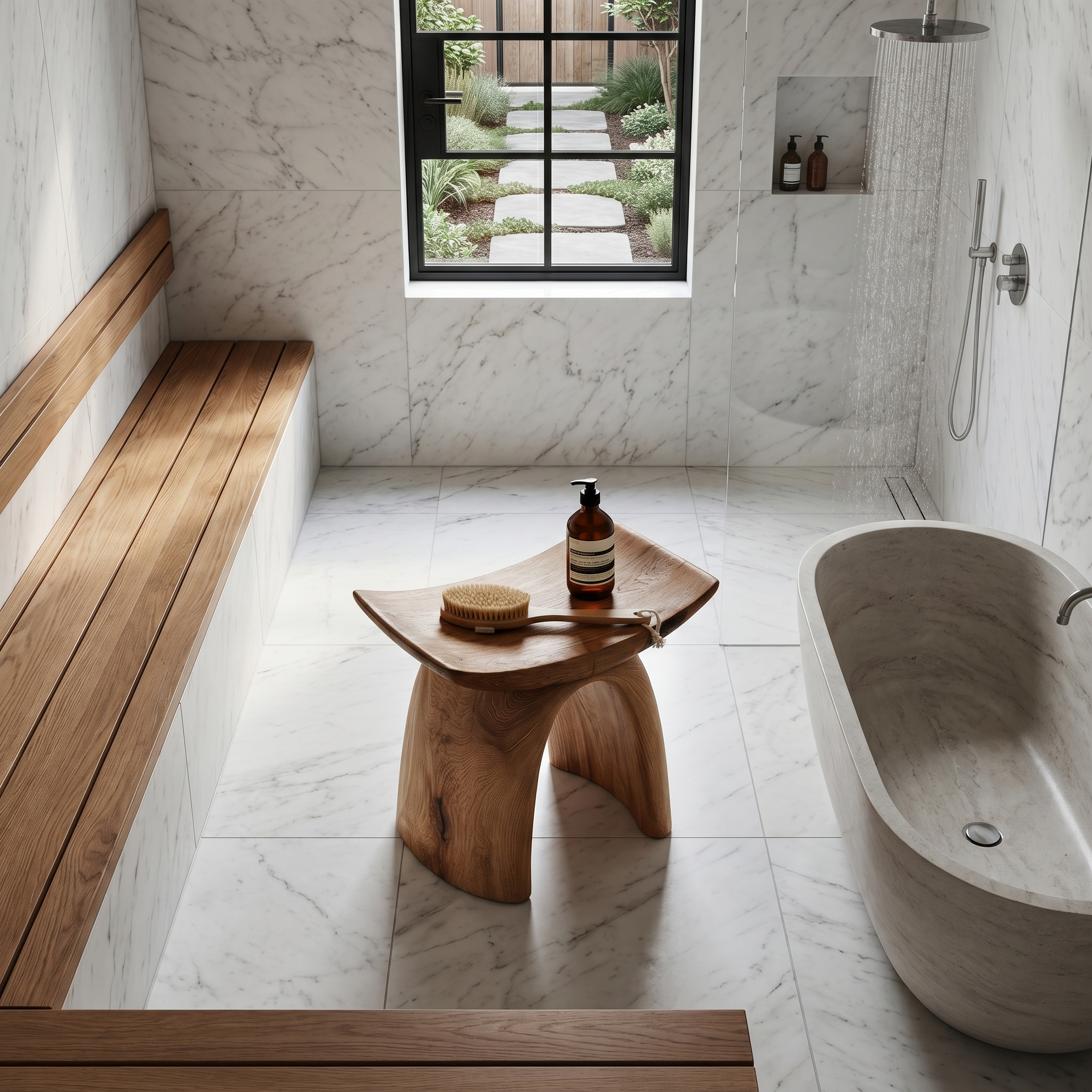 Organic Modern Shower Stool With Sculptural Wood Base For Bathroom SINLHAWS015