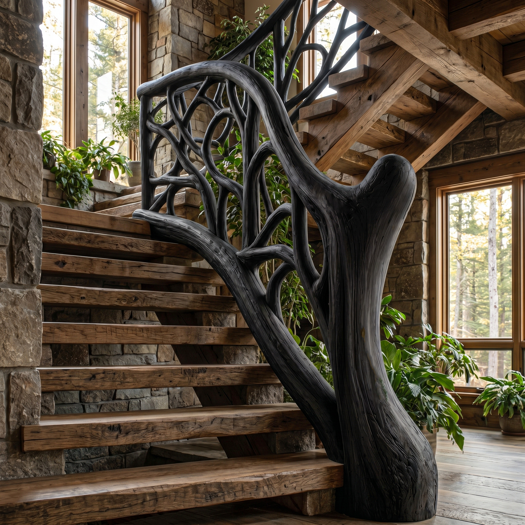 Organic Sculptural Stair Railing With Flowing Wood Design For Modern Interior SINLHAST012