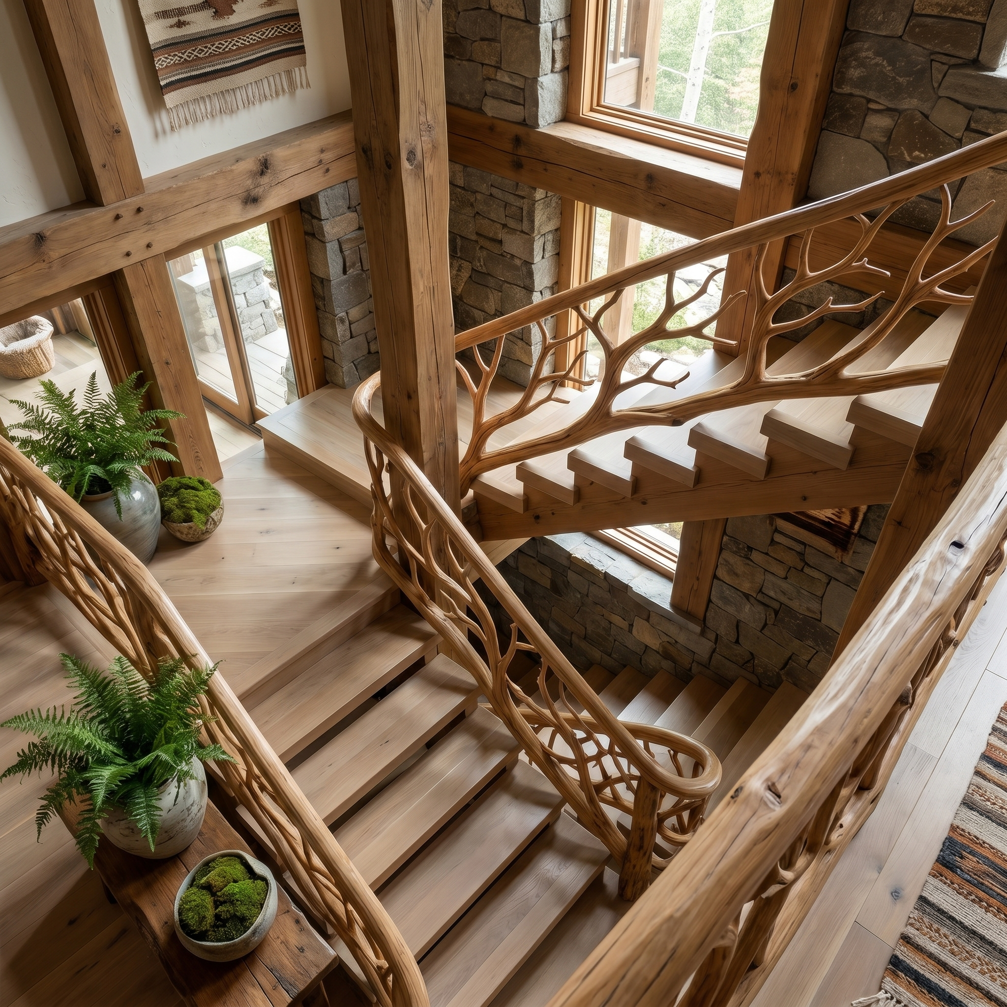 Rustic Tree Branch Stair Railing With Organic Wood Design For Interior Staircase SINLHAST013