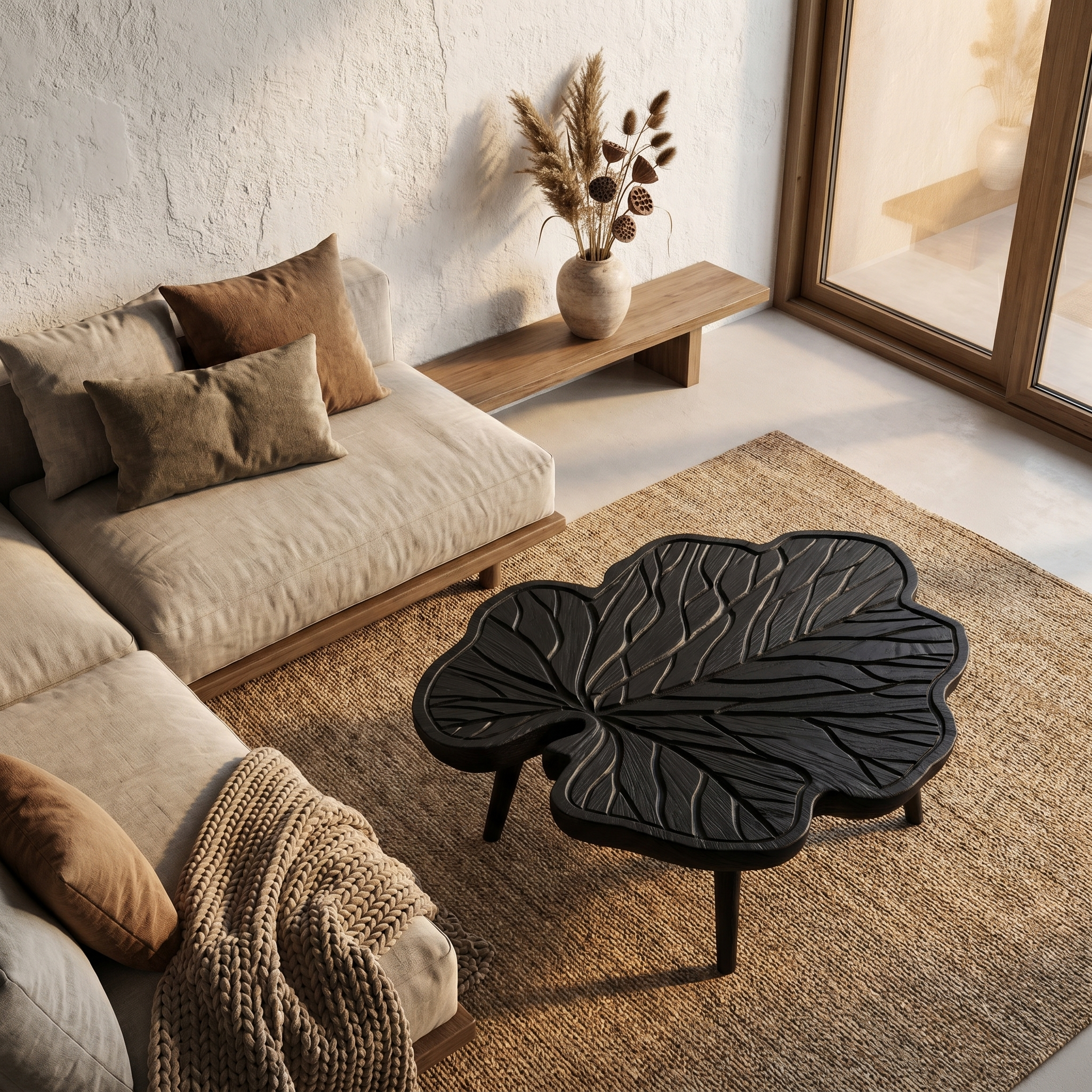 Rustic Leaf Coffee Table With Hand Carved Solid Wood Design For Living Room SINLHACF383