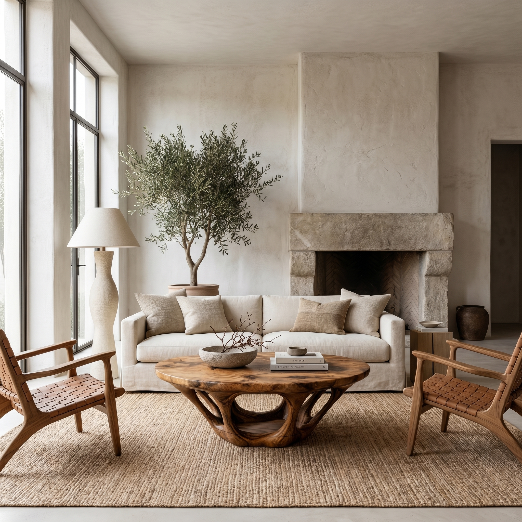 Rustic Coffee Table With Sculptural Interlocking Wood Base For Living Room SINLHACF368
