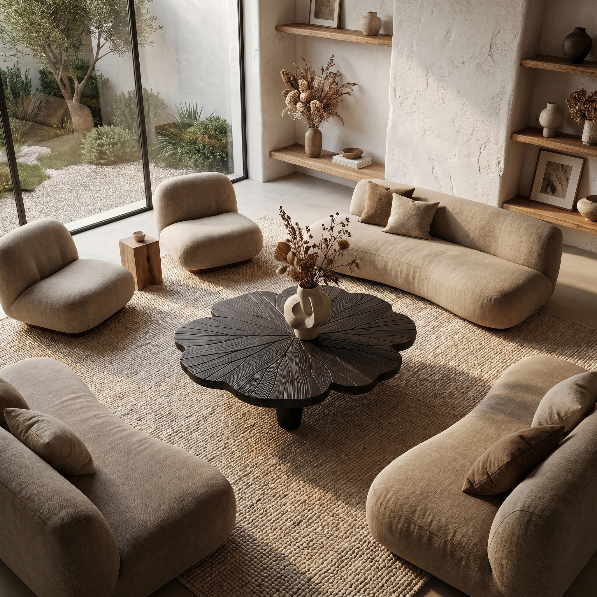Rustic Clover Coffee Table With Hand Carved Solid Wood Design For Living Room SINLHACF384