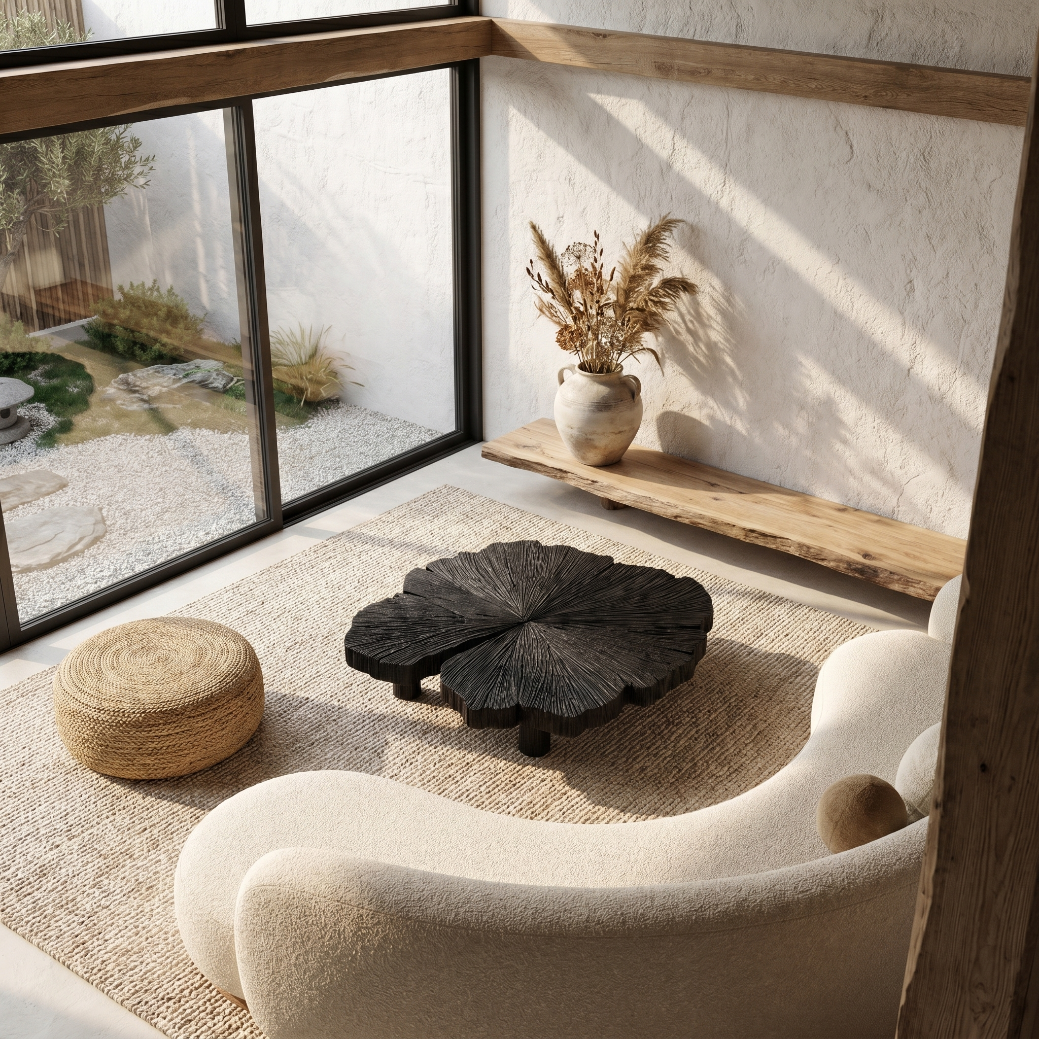 Rustic Coffee Table With Hand Carved Organic Wood Top And Chunky Pedestal Legs For Living Room SINLHACF385