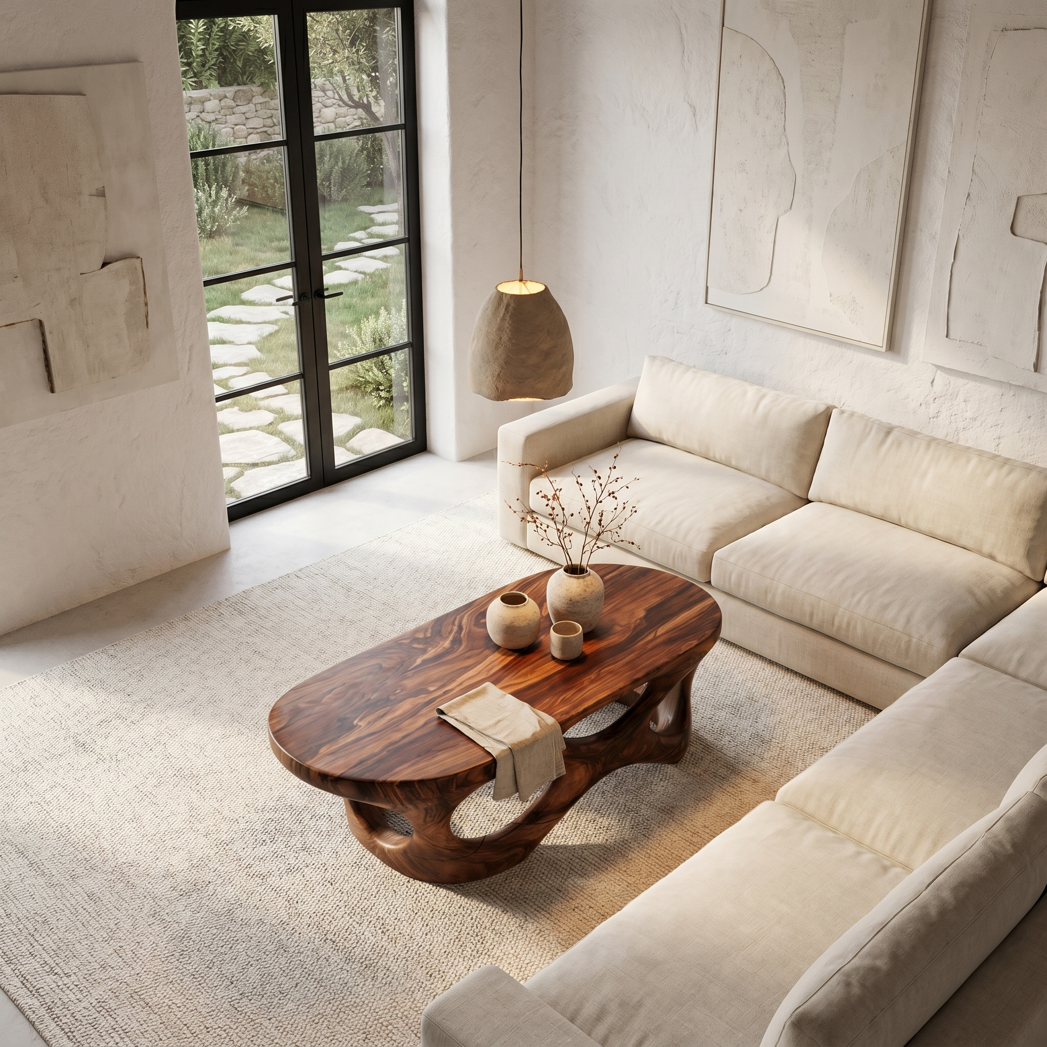 Sculptural Coffee Table With Interlocking Wood Base For Living Room SINLHACF370
