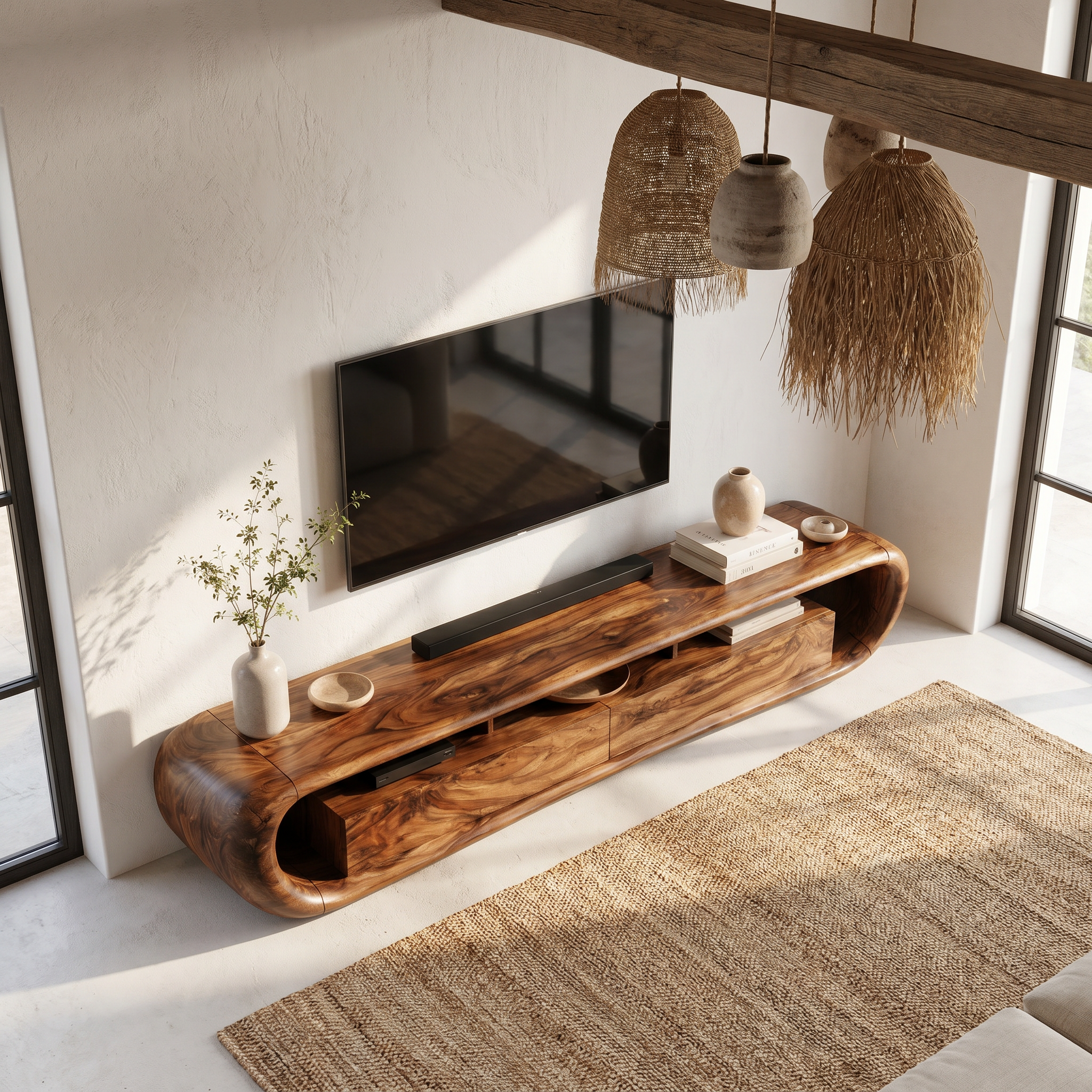 Organic TV Cabinet With Built In Storage And Rounded Curved Edges For Living Room SINLHATC037