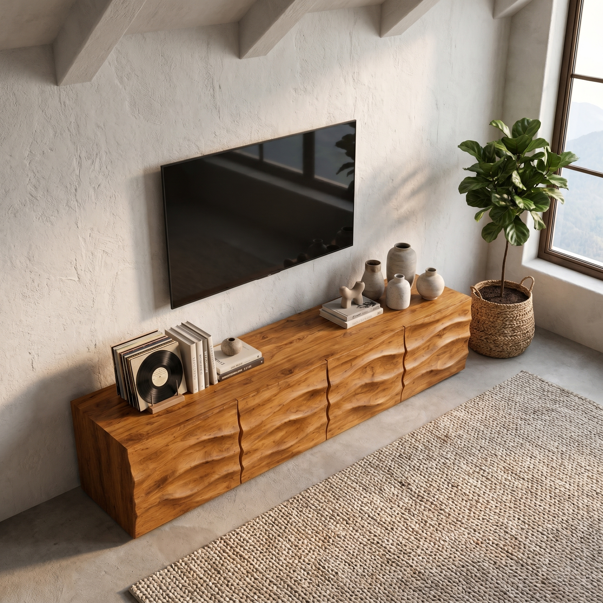 Organic TV Cabinet With Wave Front Doors And Built In Storage For Living Room SINLHATC041