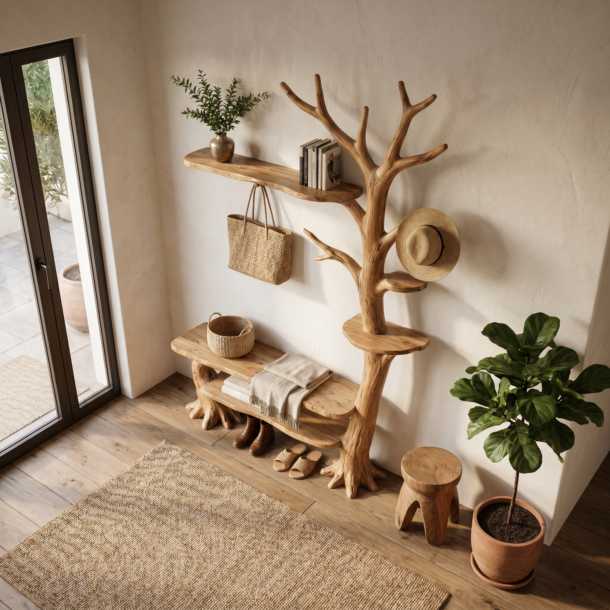 Rustic Tree Coat Rack With Integrated Bench And Floating Display Shelves For Entryway SINLHATCR118