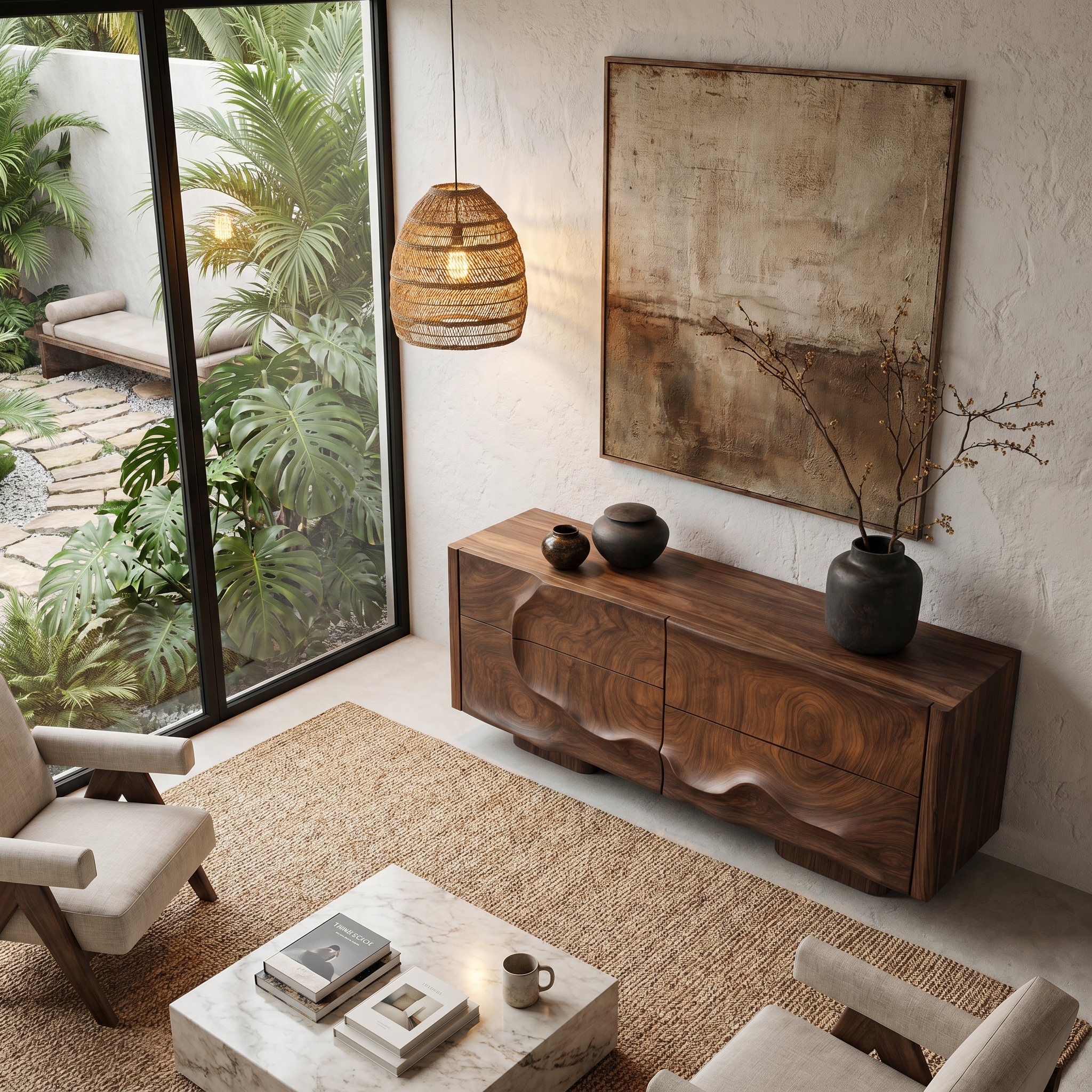 Rustic Organic Storage Cabinet With Carved Wood Doors For Living Room And Entryway SINLHASC514