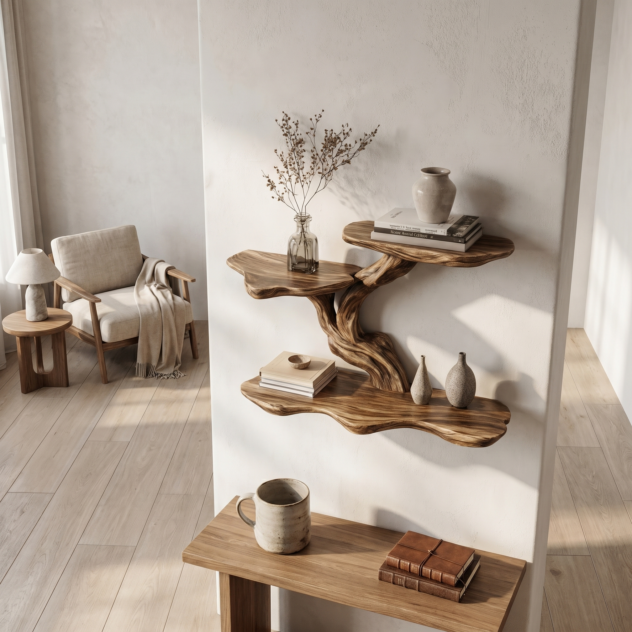 Organic Tree Branch Floating Shelf With Sculptural Wall Storage For Living Room SINLHAFL548