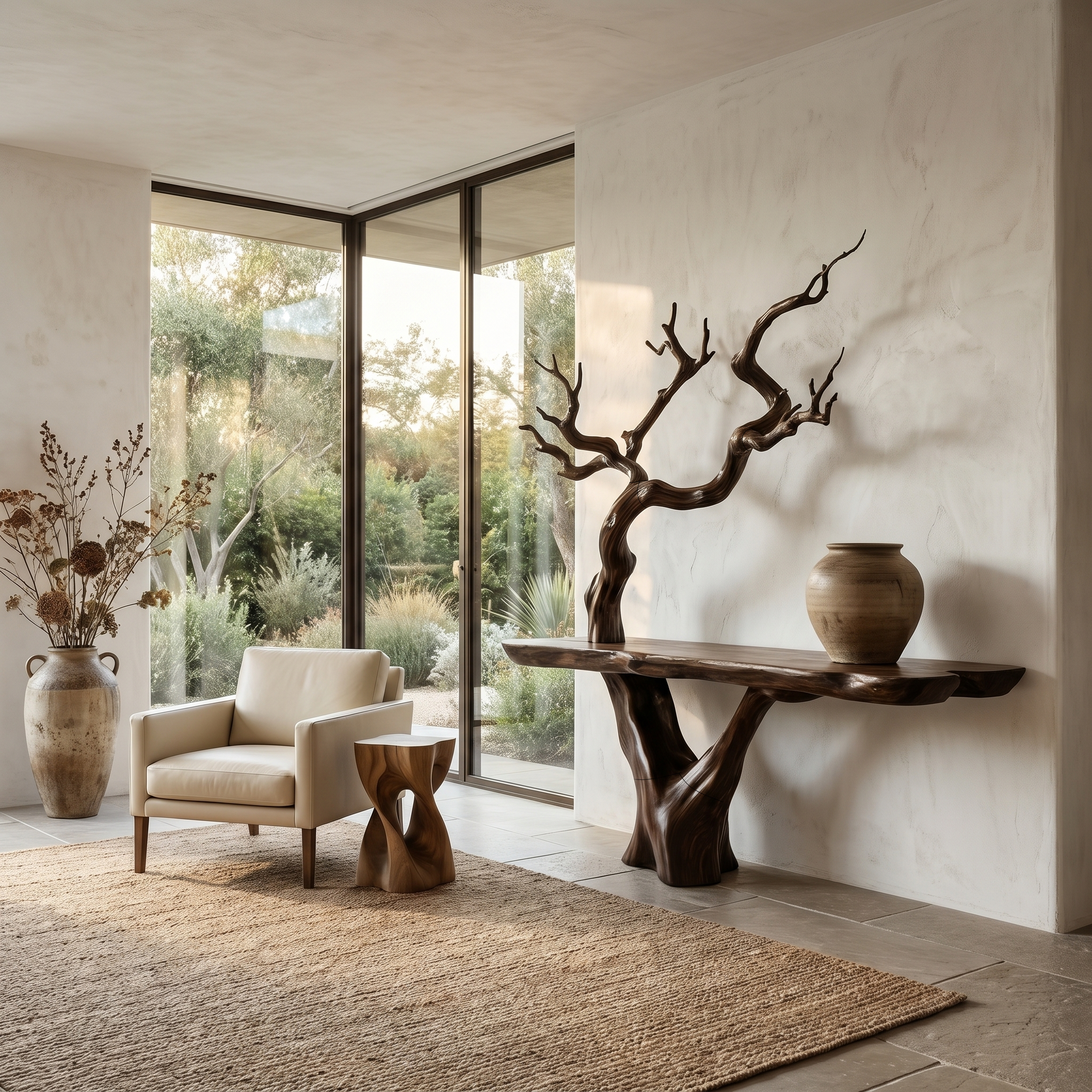Rustic Console Table With Sculptural Tree Branch Base And Live Edge Wood Top For Entryway And Living Room SINLHACS613
