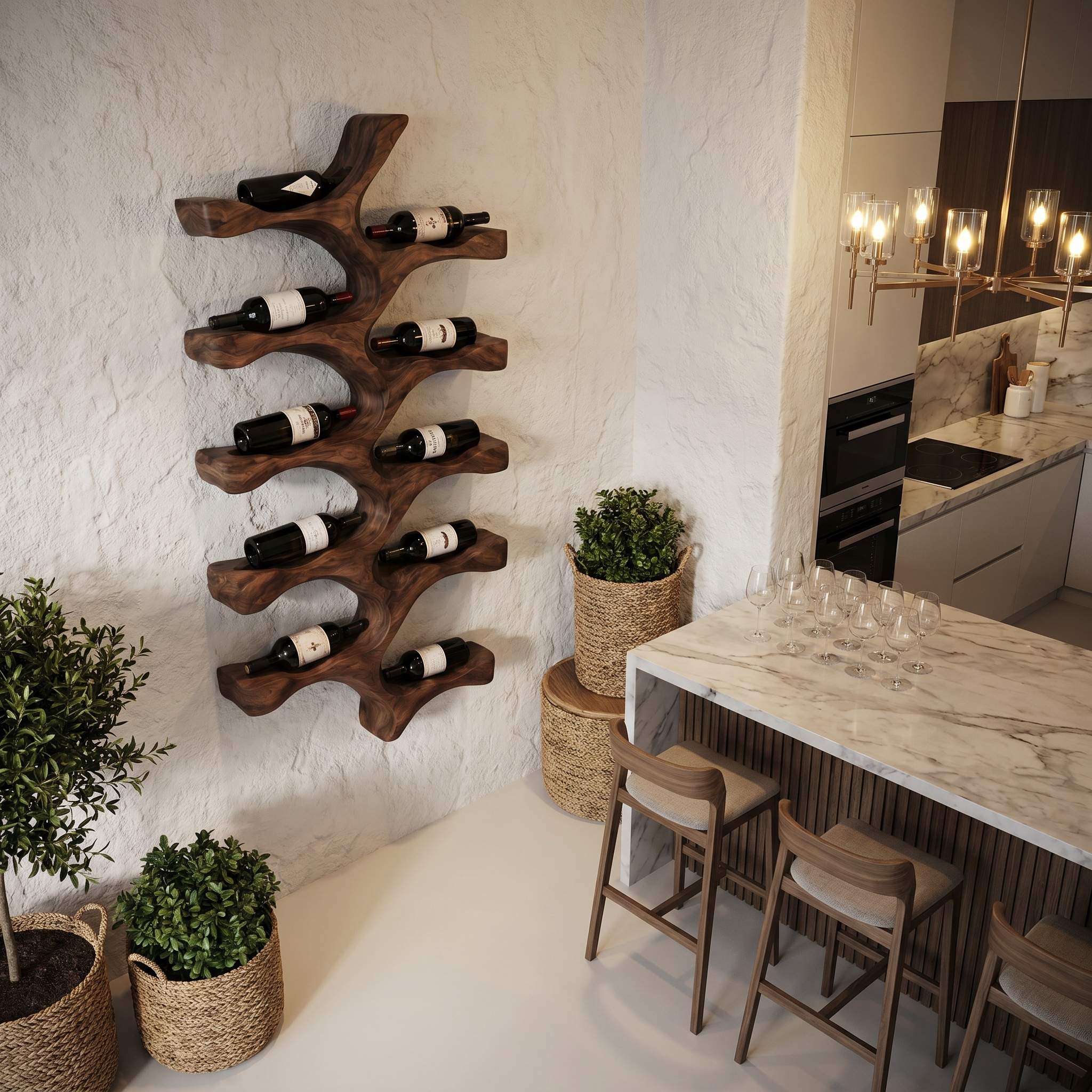 Organic Wall Mounted Wine Rack With Tree Branch Bottle Holders For Kitchen SINLHAWR028