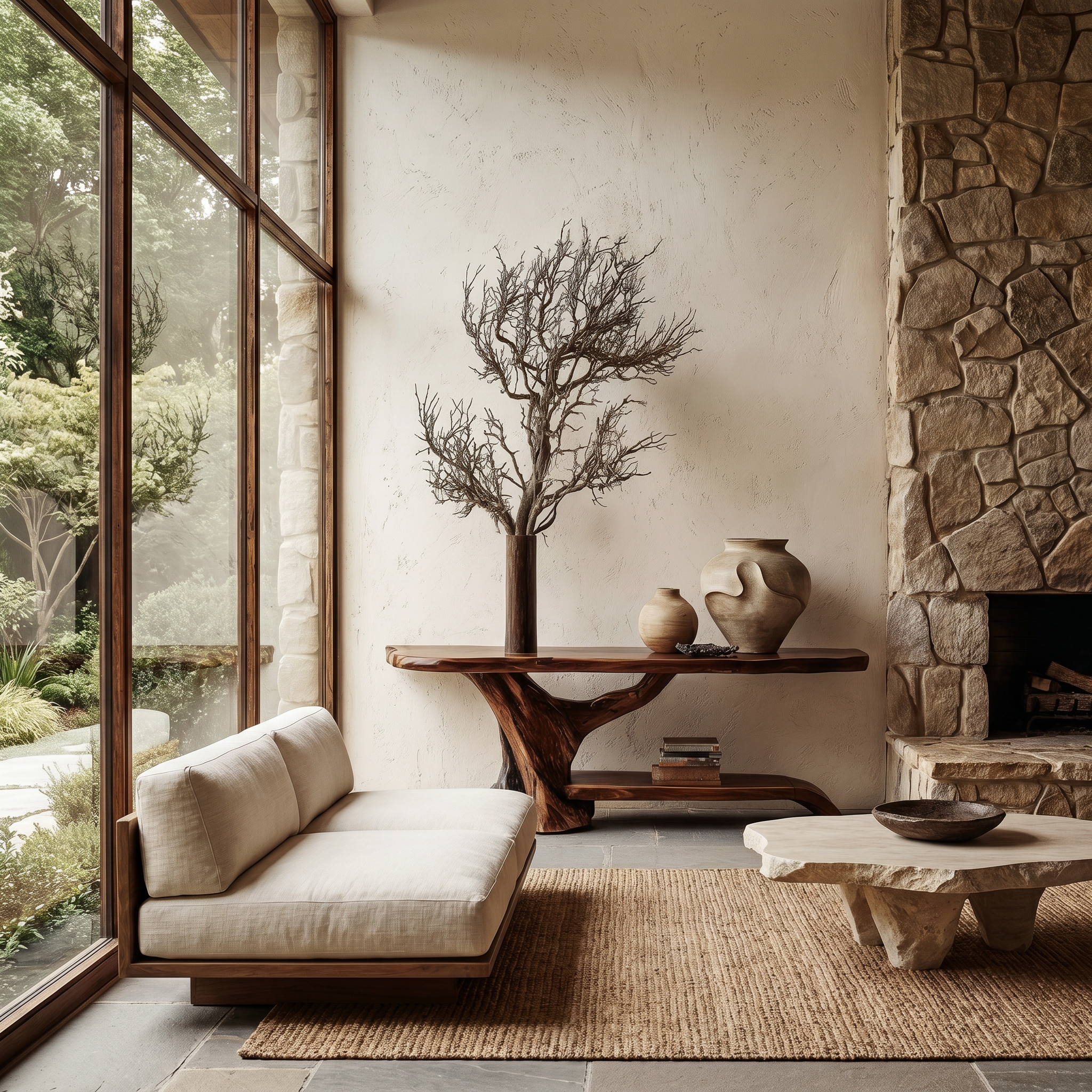 Rustic Live Edge Console Table With Natural Tree Form Base For Living Room SINLHACS615