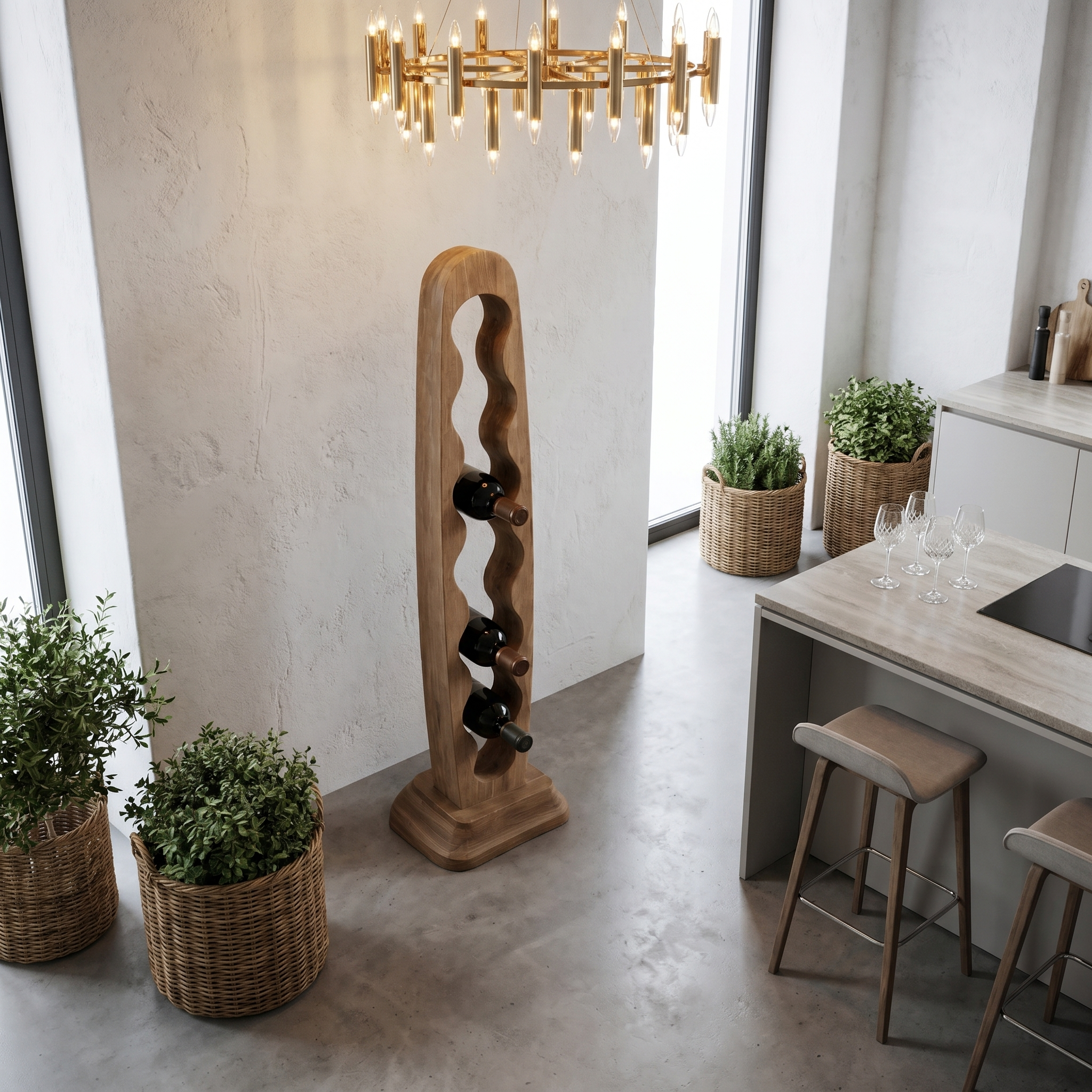 Modern Freestanding Wine Rack With Sculptural Vertical Bottle Storage For Kitchen SINLHAWR029